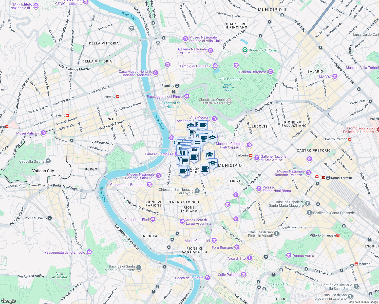 map of restaurants, bars, coffee shops, grocery stores, and more near 420 Largo Carlo Goldoni in Roma