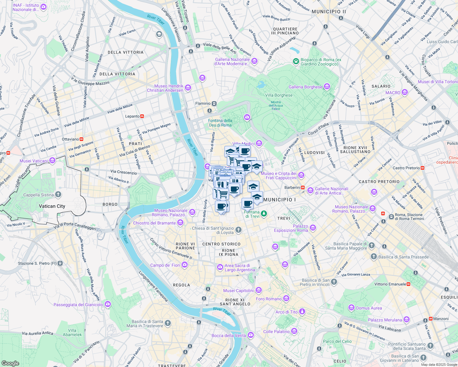 map of restaurants, bars, coffee shops, grocery stores, and more near 420 Largo Carlo Goldoni in Roma