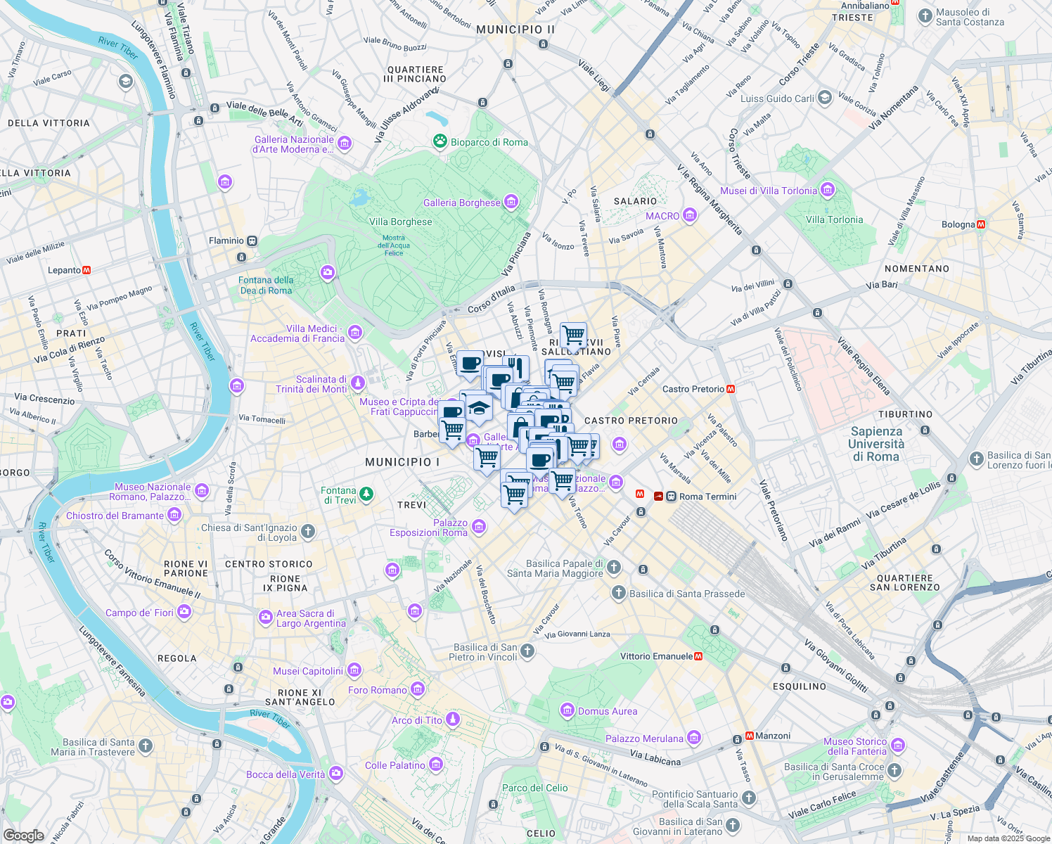 map of restaurants, bars, coffee shops, grocery stores, and more near 86 Via Barberini in Roma