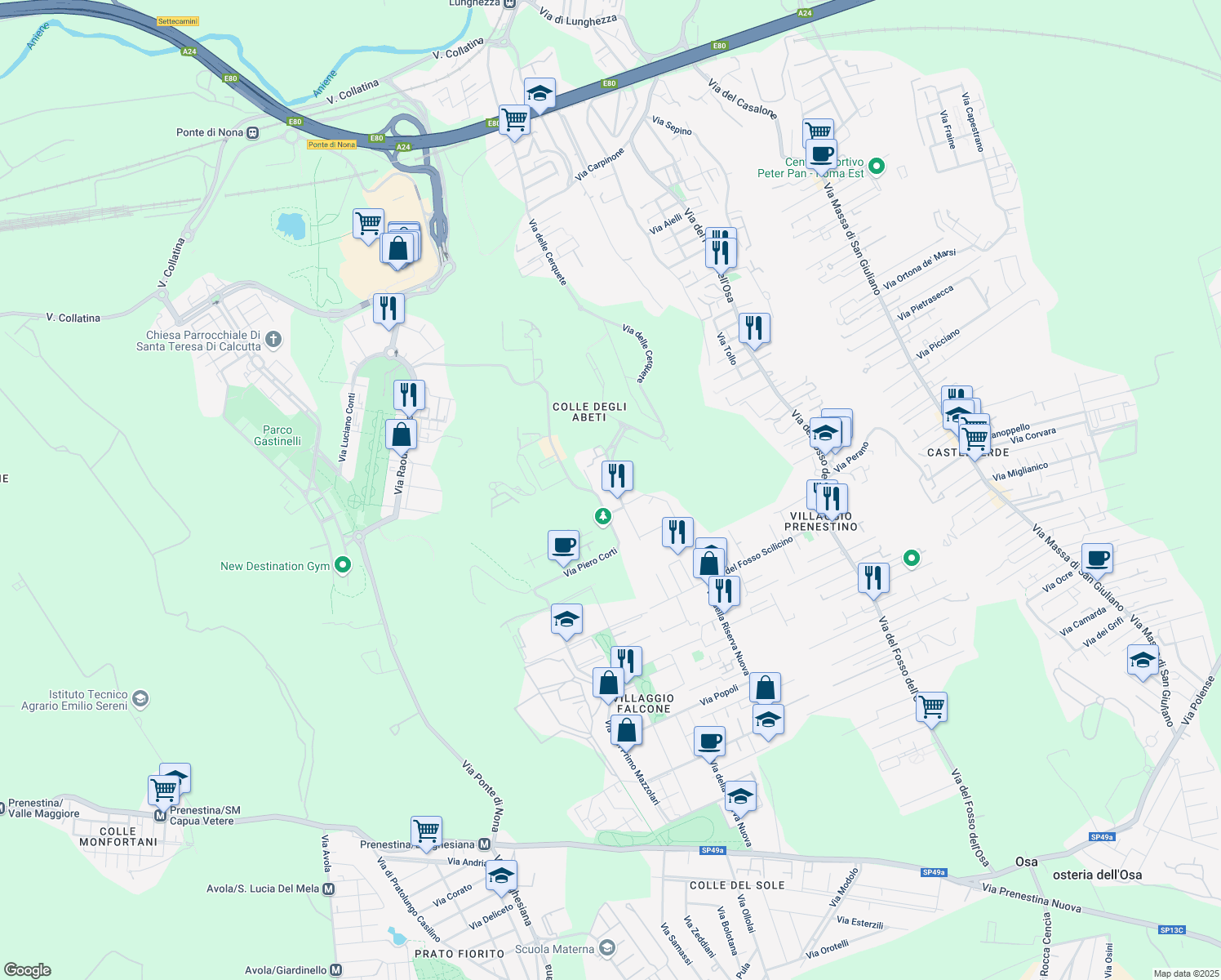 map of restaurants, bars, coffee shops, grocery stores, and more near 119 Via Raffaello Liberti in Città metropolitana di Roma Capitale