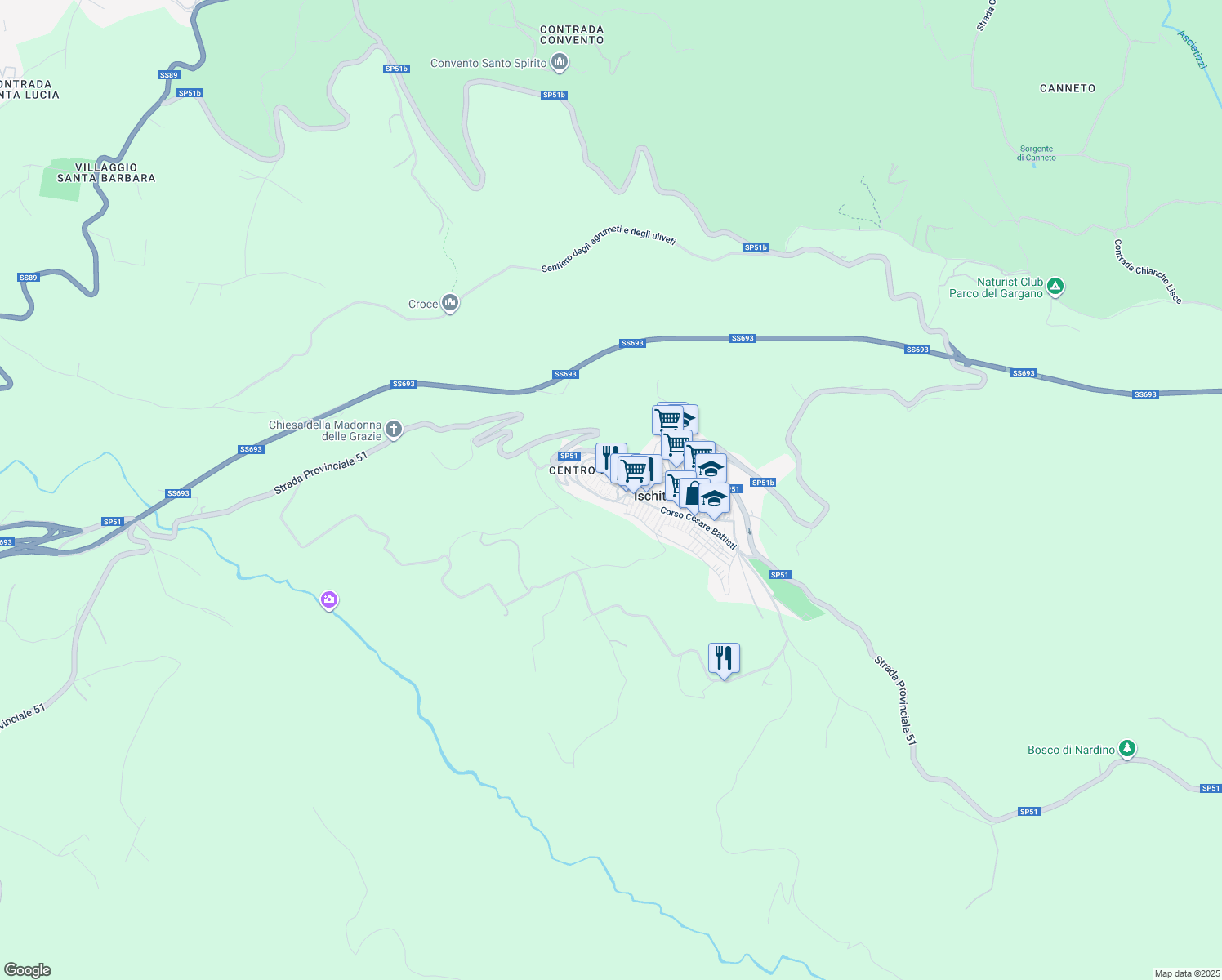 map of restaurants, bars, coffee shops, grocery stores, and more near vico Montanari in Ischitella