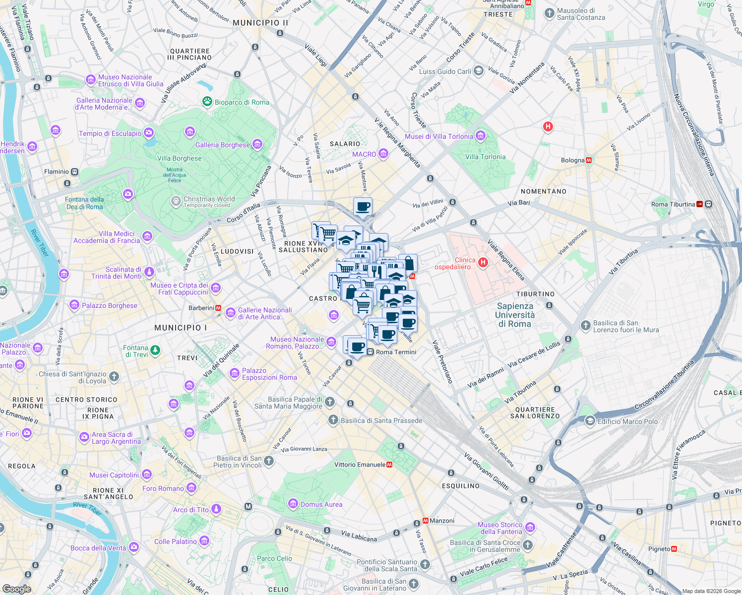 map of restaurants, bars, coffee shops, grocery stores, and more near 58 Via Goito in Roma