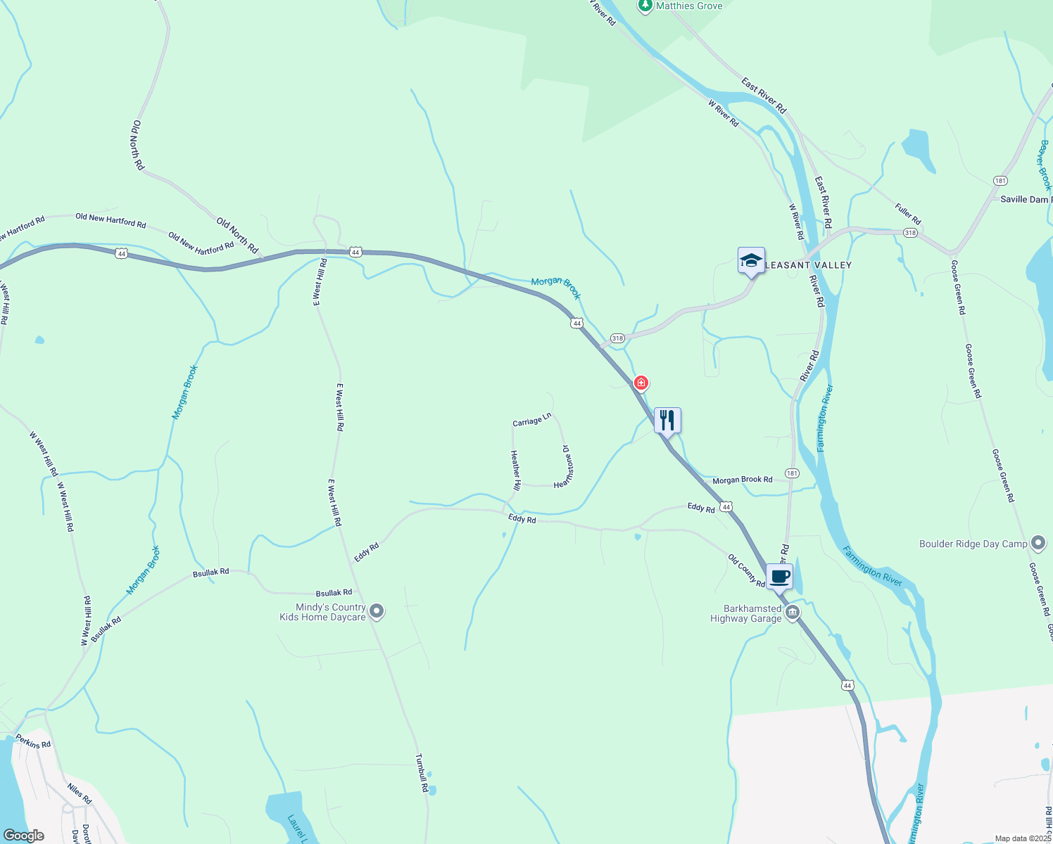 map of restaurants, bars, coffee shops, grocery stores, and more near 5 Carriage Ln in Barkhamsted