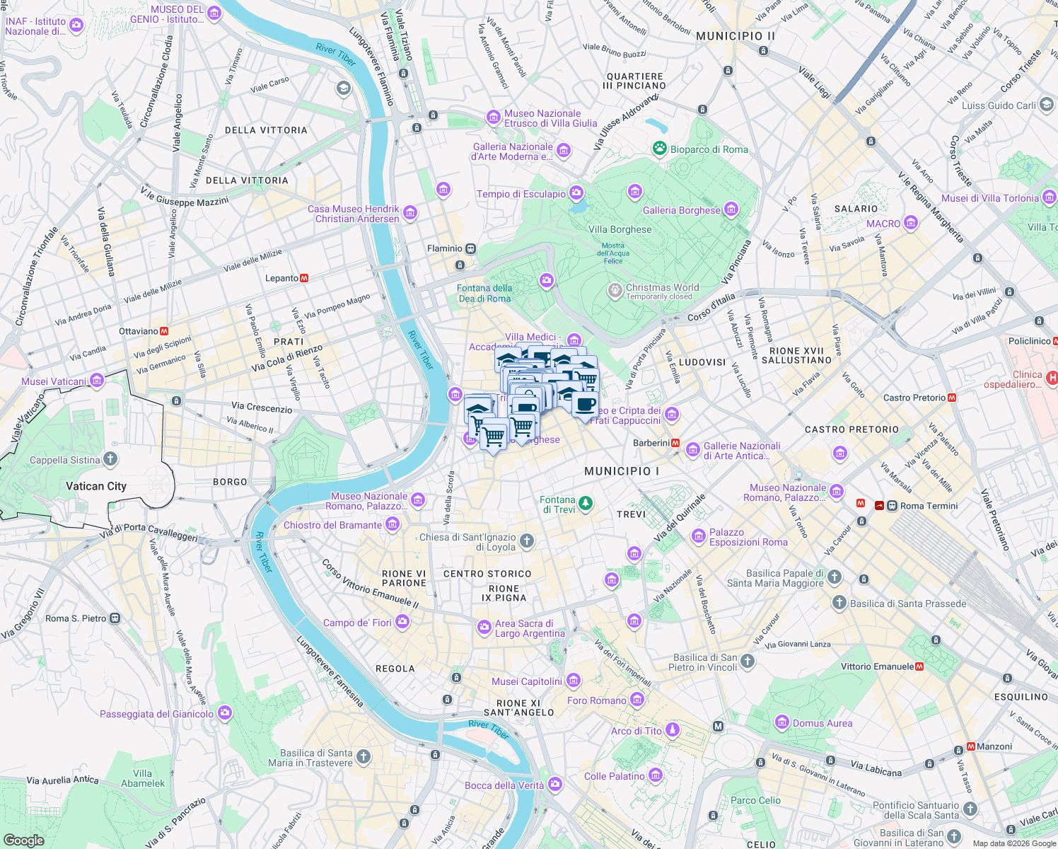 map of restaurants, bars, coffee shops, grocery stores, and more near 57 Via dei Condotti in Roma