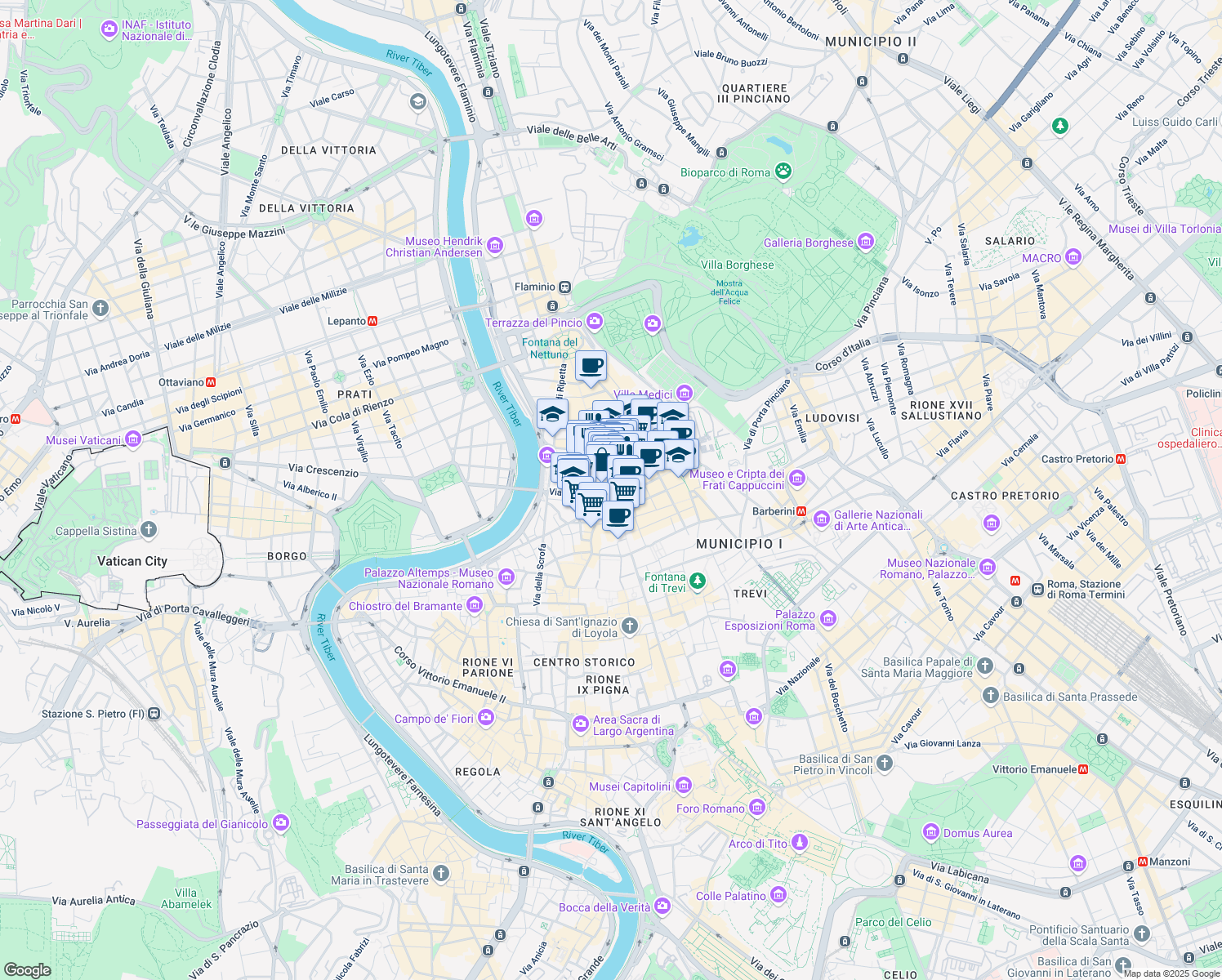map of restaurants, bars, coffee shops, grocery stores, and more near 129 Via del Corso in Rome