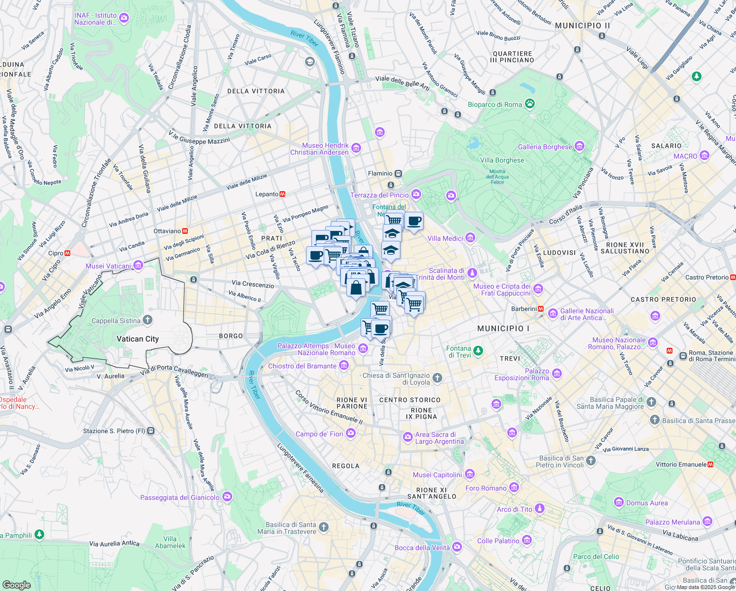 map of restaurants, bars, coffee shops, grocery stores, and more near Ponte Cavour in Rome