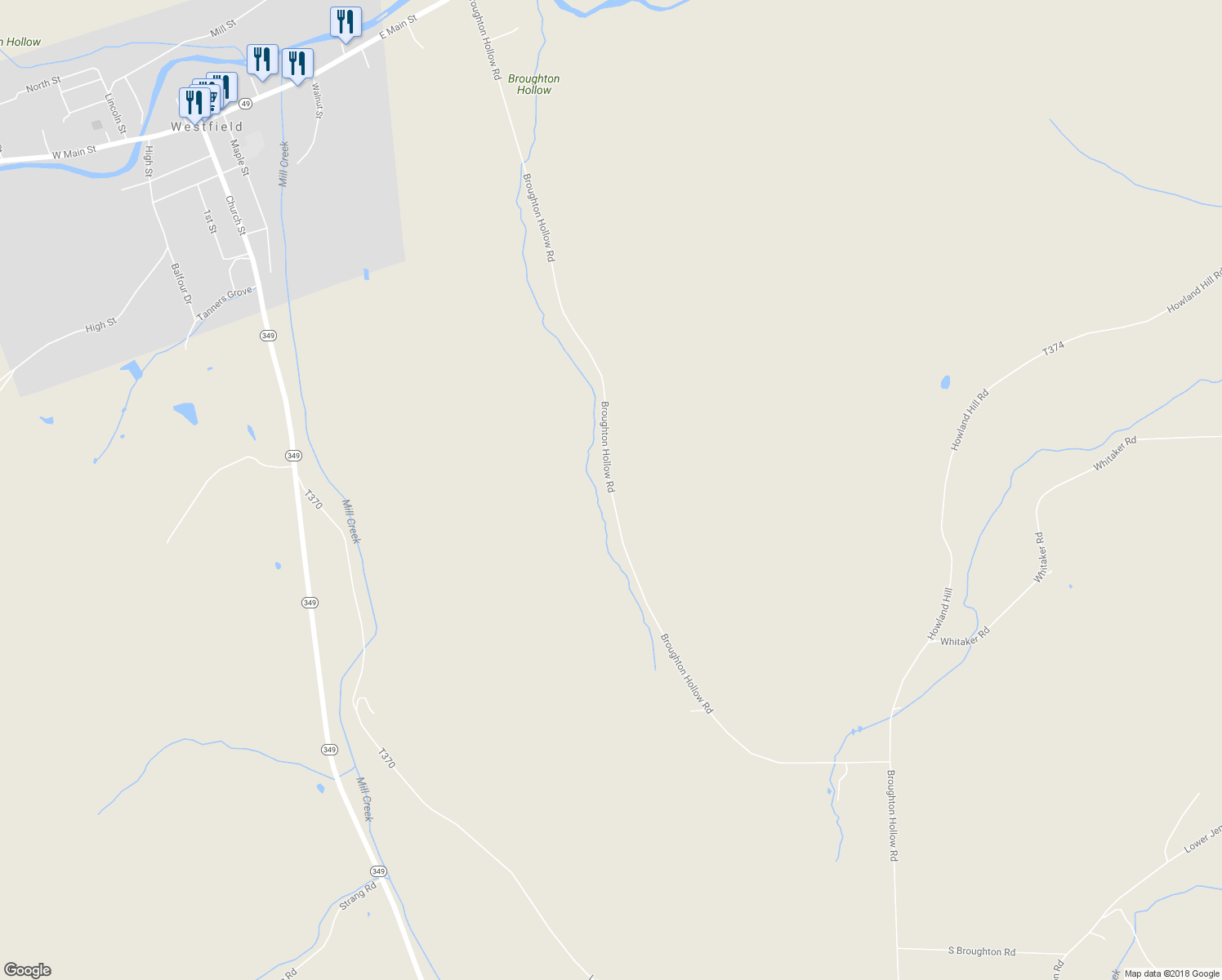 map of restaurants, bars, coffee shops, grocery stores, and more near Broughton Hollow Road in Westfield
