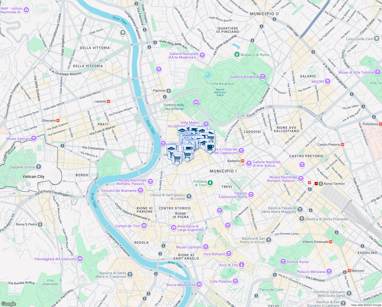 map of restaurants, bars, coffee shops, grocery stores, and more near 62 Via dei Condotti in Roma