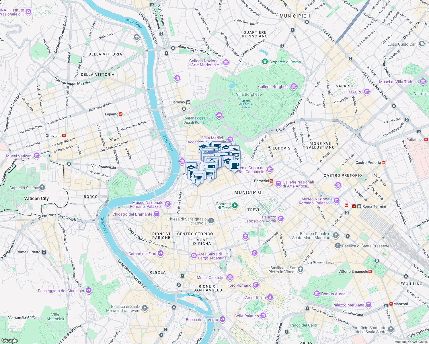 map of restaurants, bars, coffee shops, grocery stores, and more near 63 Via dei Condotti in Roma