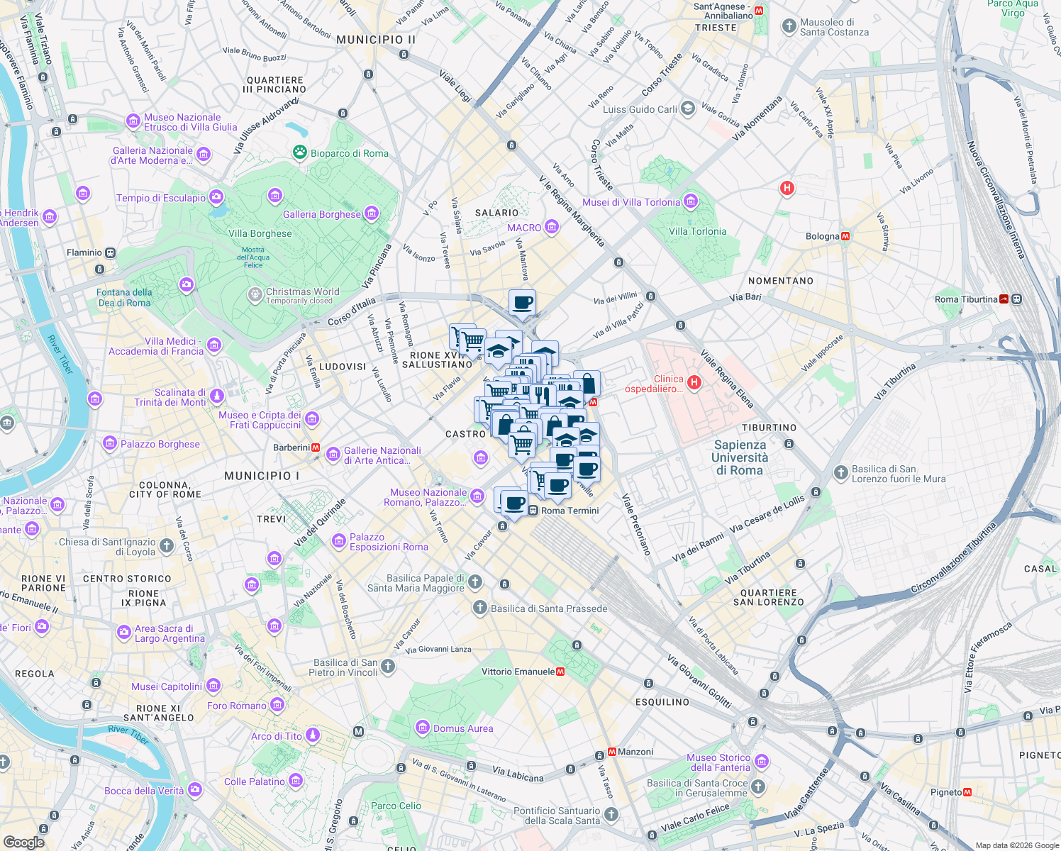map of restaurants, bars, coffee shops, grocery stores, and more near 58 Via Goito in Roma