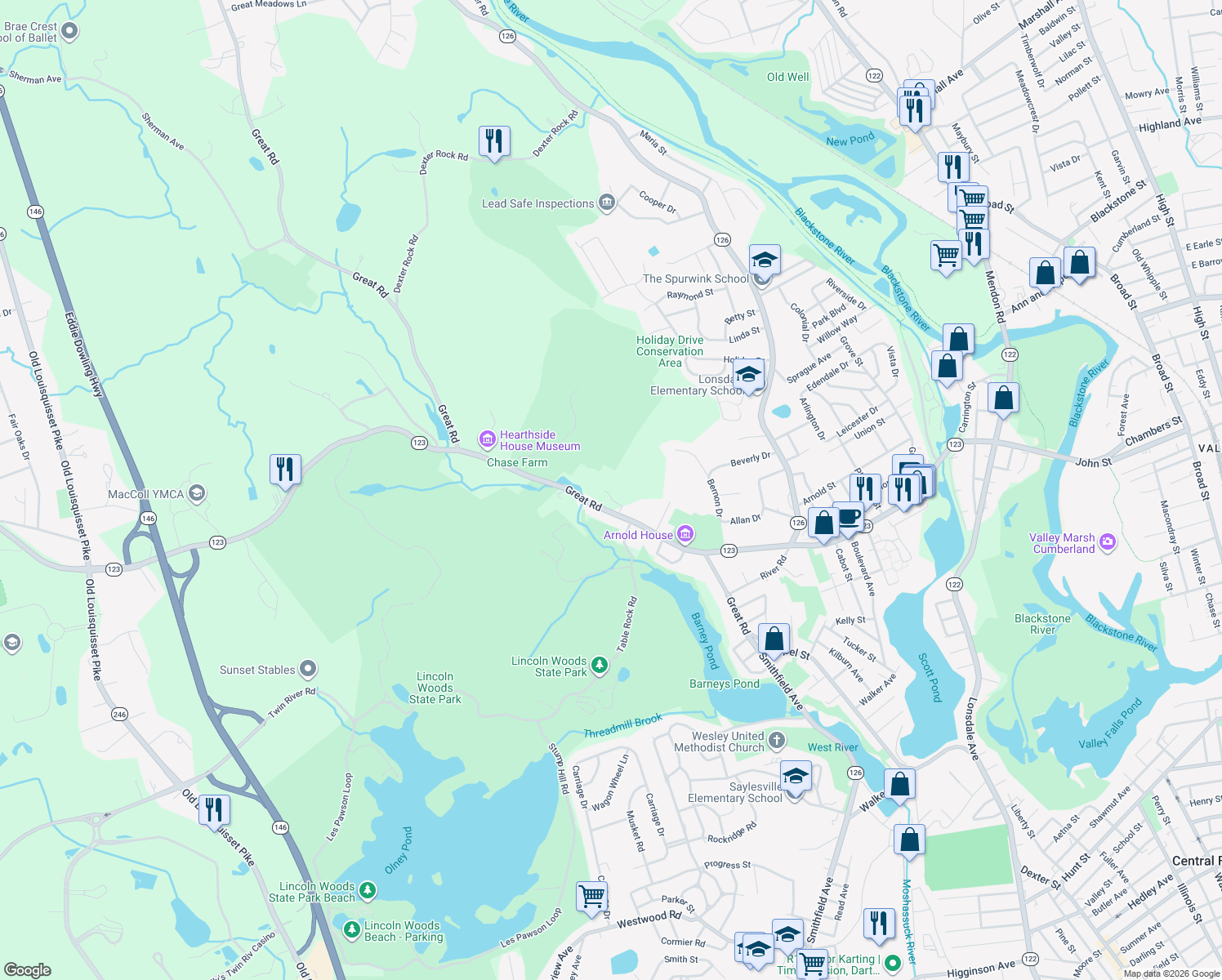 map of restaurants, bars, coffee shops, grocery stores, and more near 555 Great Road in Lincoln