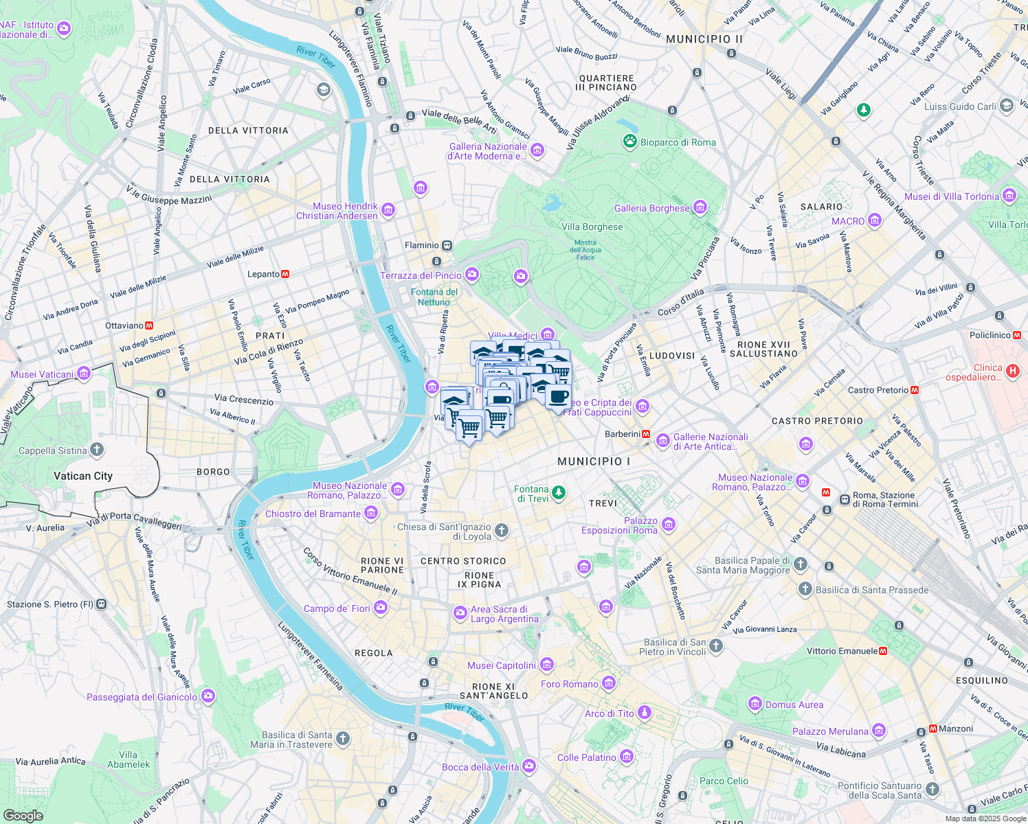 map of restaurants, bars, coffee shops, grocery stores, and more near Via dei Condotti in Roma
