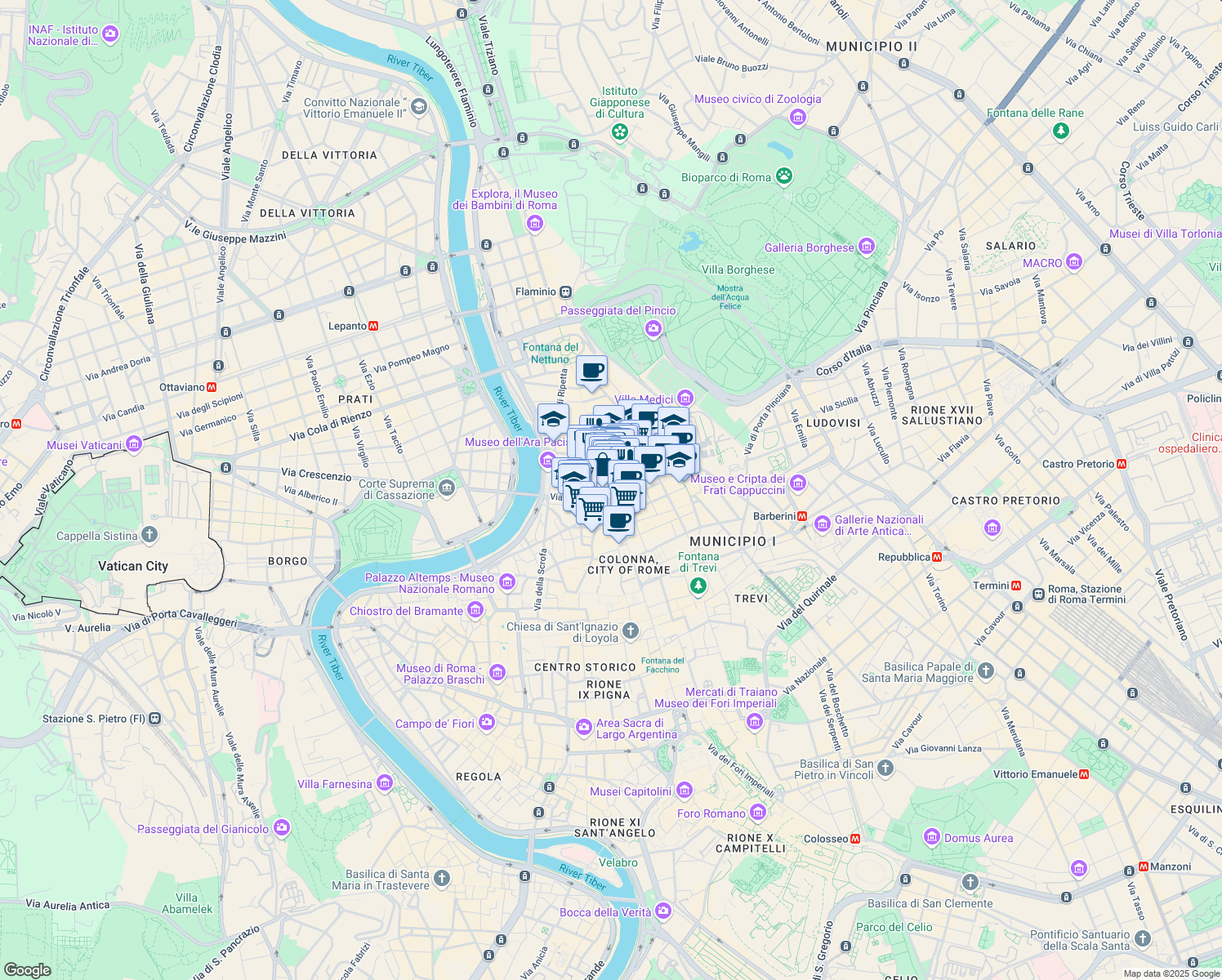 map of restaurants, bars, coffee shops, grocery stores, and more near 129 Via del Corso in Rome