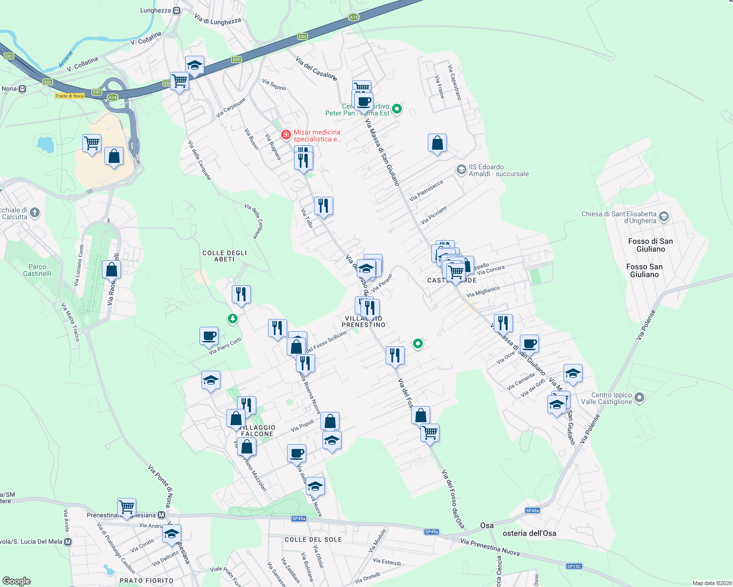 map of restaurants, bars, coffee shops, grocery stores, and more near 432-436 Via Fosso dell'Osa in Roma