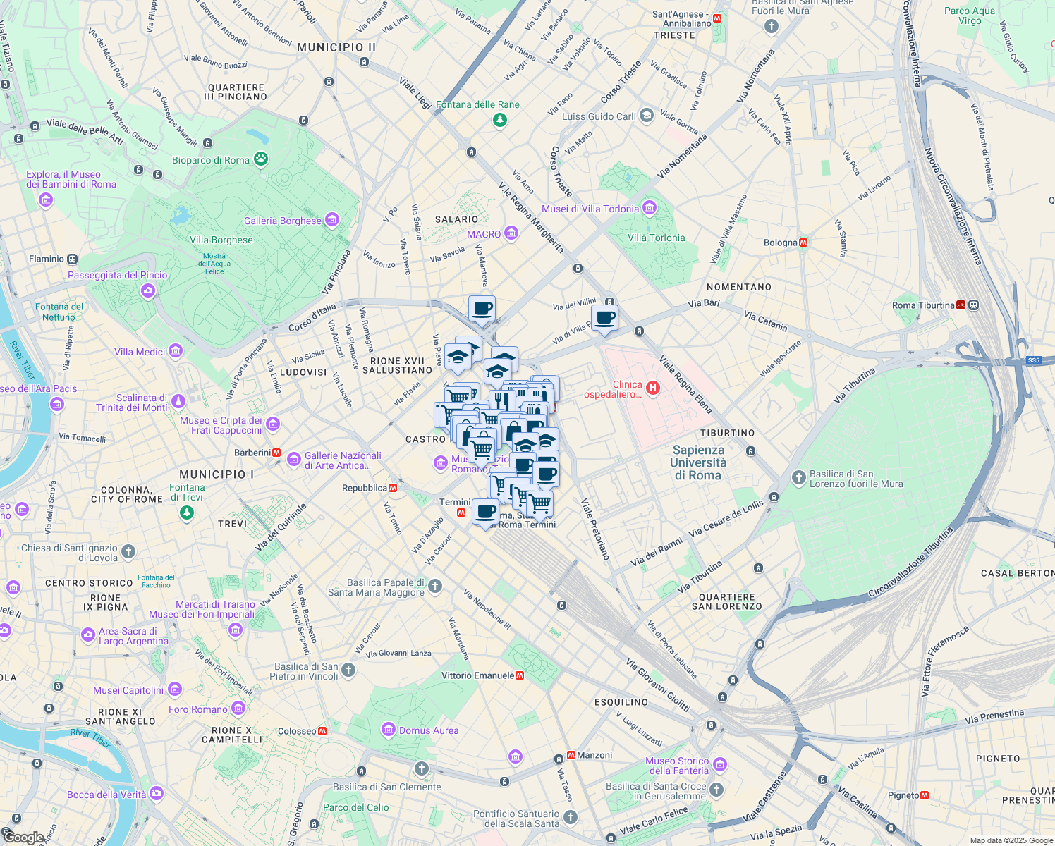 map of restaurants, bars, coffee shops, grocery stores, and more near 16 Via San Martino della Battaglia in Roma