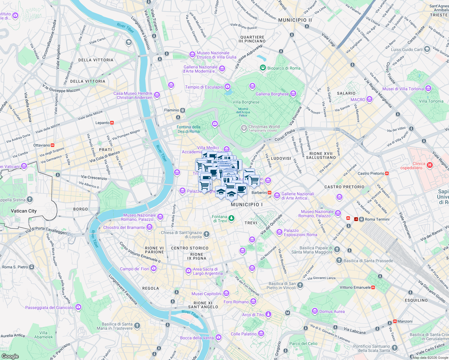 map of restaurants, bars, coffee shops, grocery stores, and more near 67 Piazza di Spagna in Roma