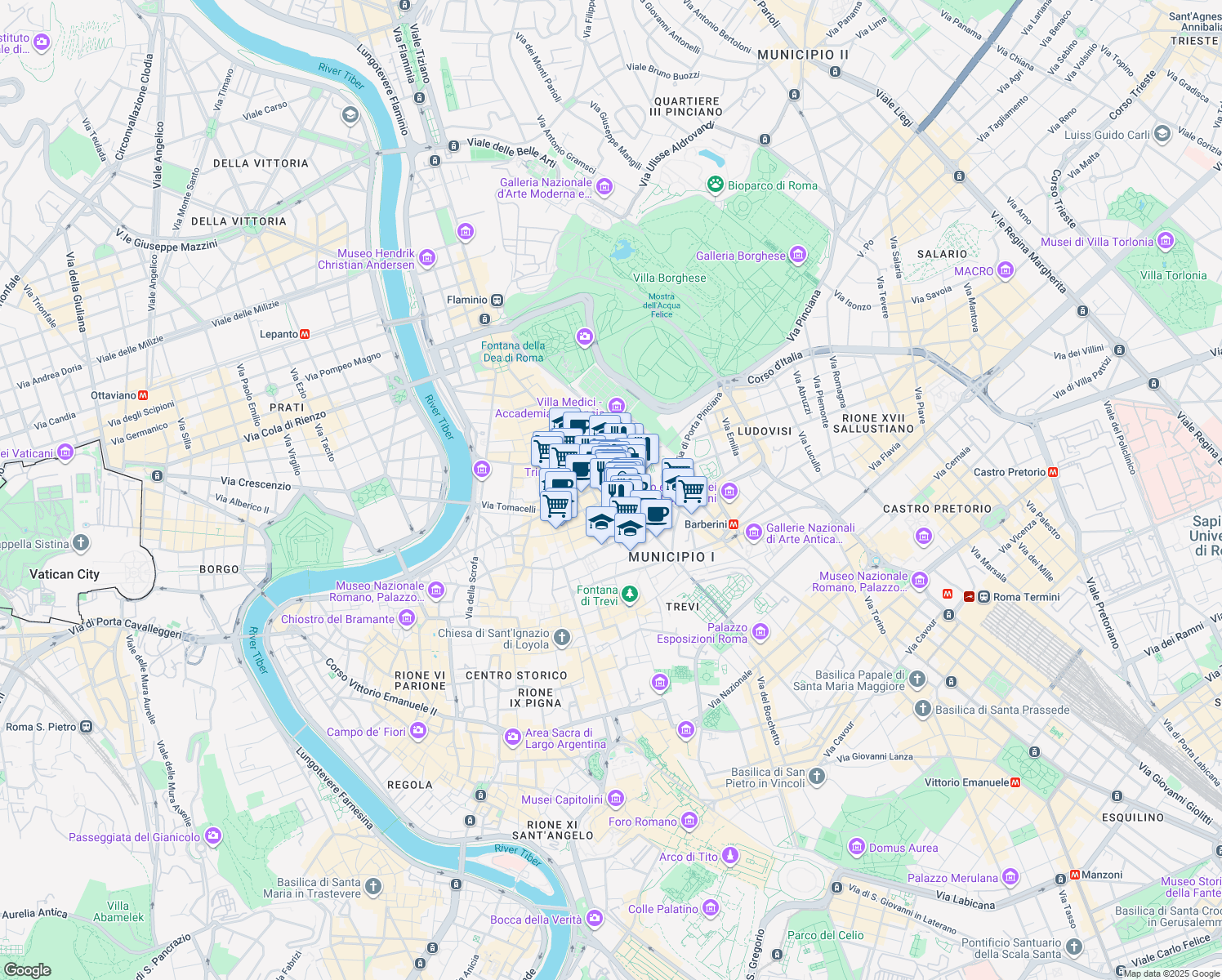 map of restaurants, bars, coffee shops, grocery stores, and more near 67 Piazza di Spagna in Roma
