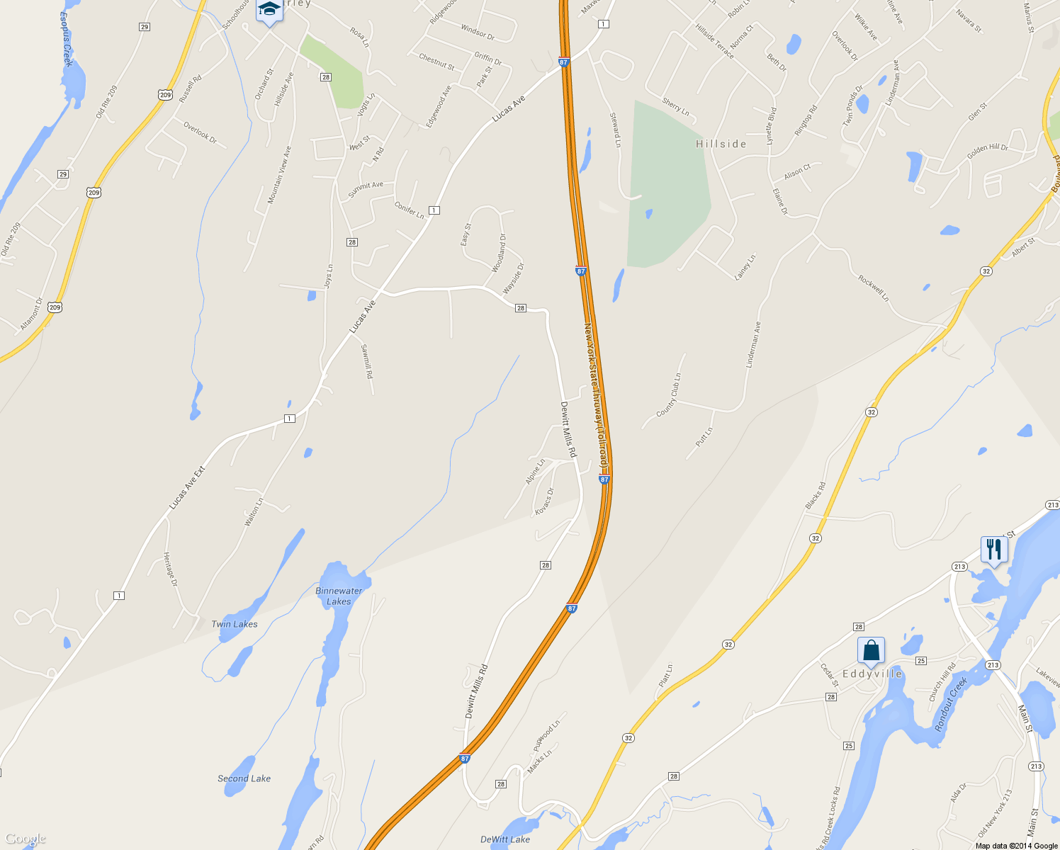 map of restaurants, bars, coffee shops, grocery stores, and more near 194 Dewitt Mills Rd in Hurley