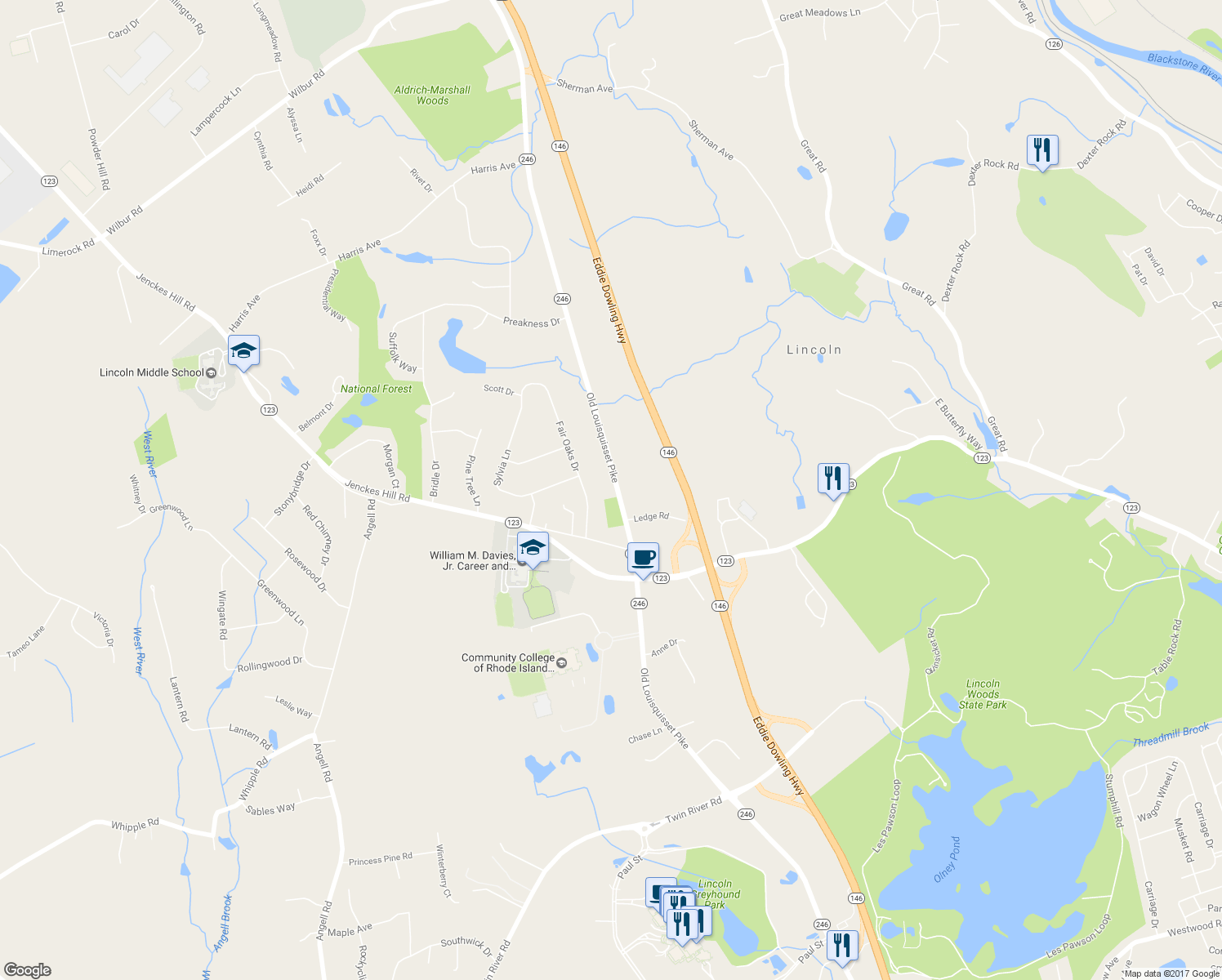 map of restaurants, bars, coffee shops, grocery stores, and more near 1804 Old Louisquisset Pike in Lincoln