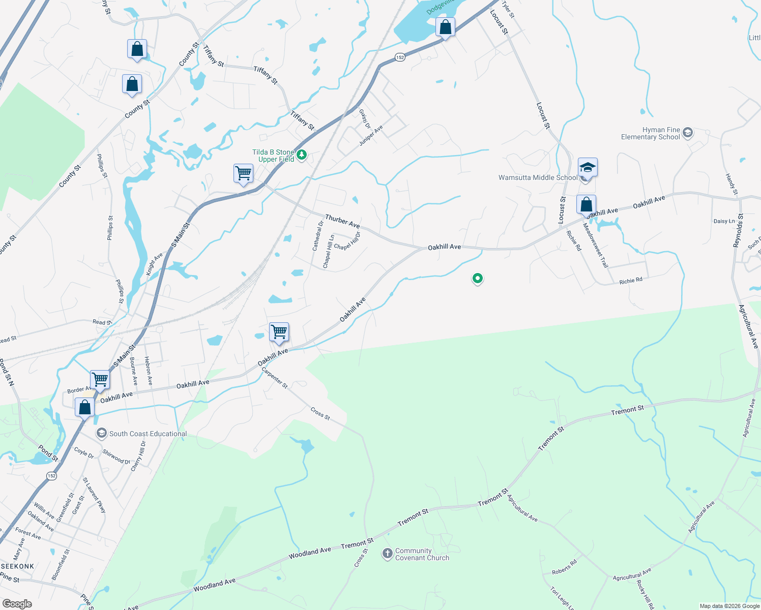 map of restaurants, bars, coffee shops, grocery stores, and more near 177 Oakhill Avenue in Attleboro