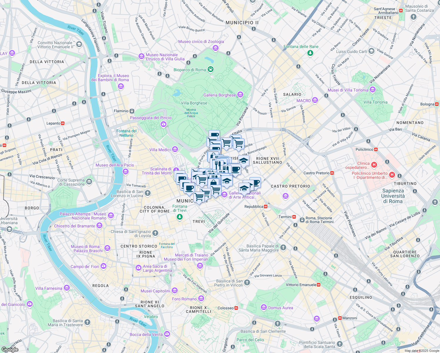 map of restaurants, bars, coffee shops, grocery stores, and more near 89 Via Vittorio Veneto in Roma