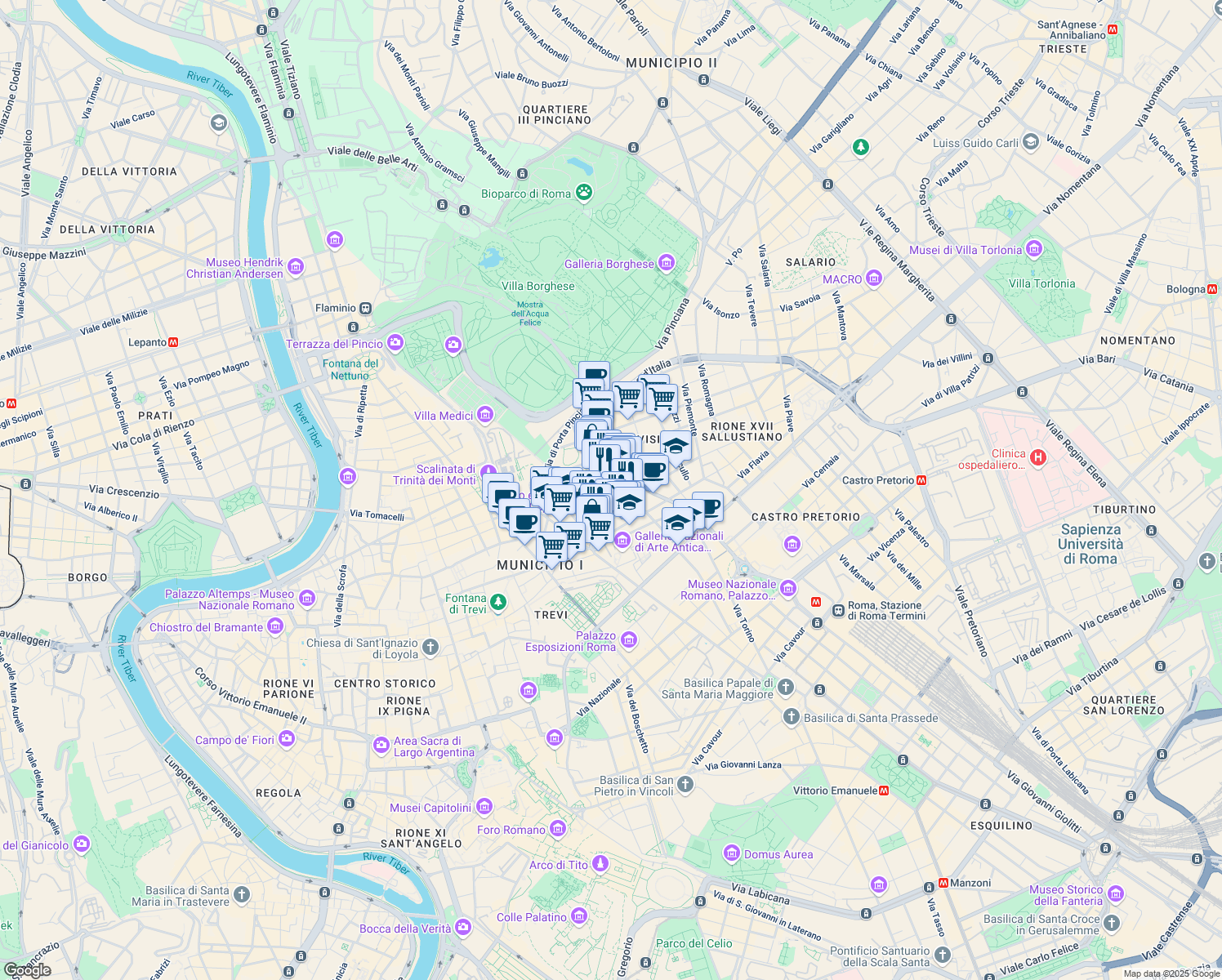 map of restaurants, bars, coffee shops, grocery stores, and more near 89 Via Vittorio Veneto in Roma