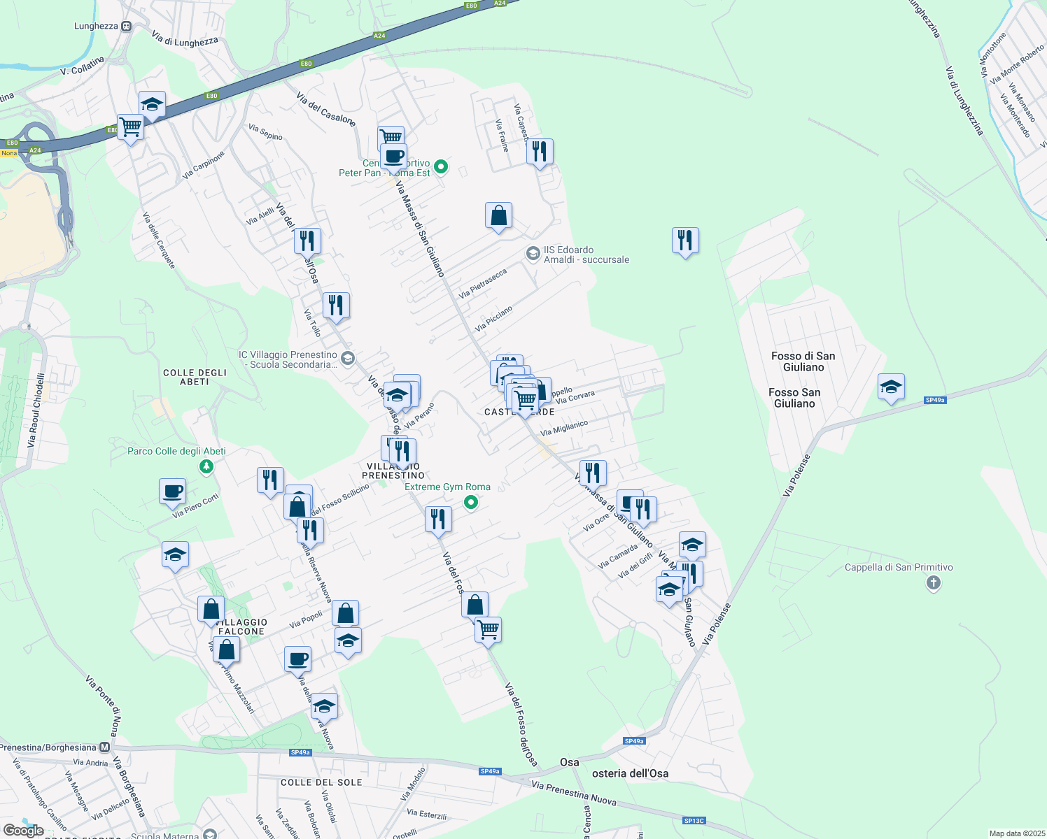 map of restaurants, bars, coffee shops, grocery stores, and more near 272 Via Massa di San Giuliano in Città metropolitana di Roma Capitale