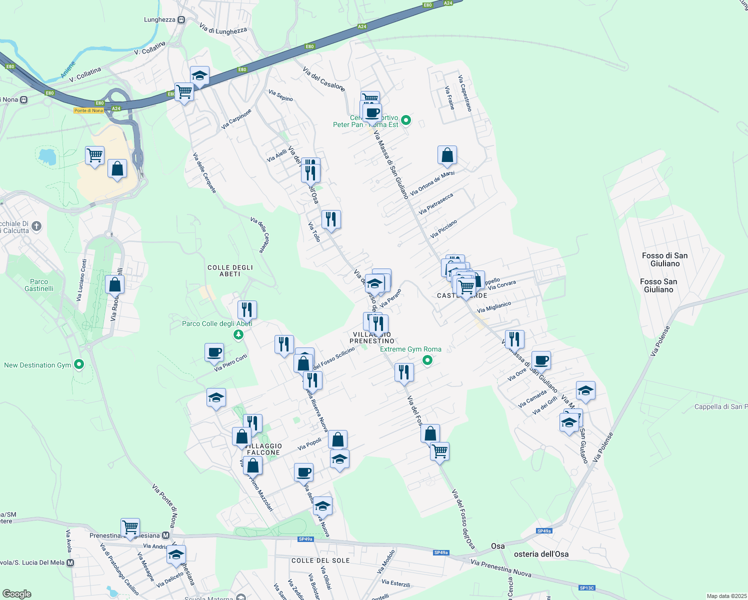 map of restaurants, bars, coffee shops, grocery stores, and more near 432-436 Via Fosso dell'Osa in Roma