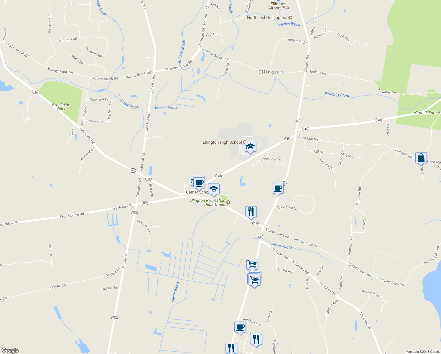 map of restaurants, bars, coffee shops, grocery stores, and more near 62 Maple Street in Ellington