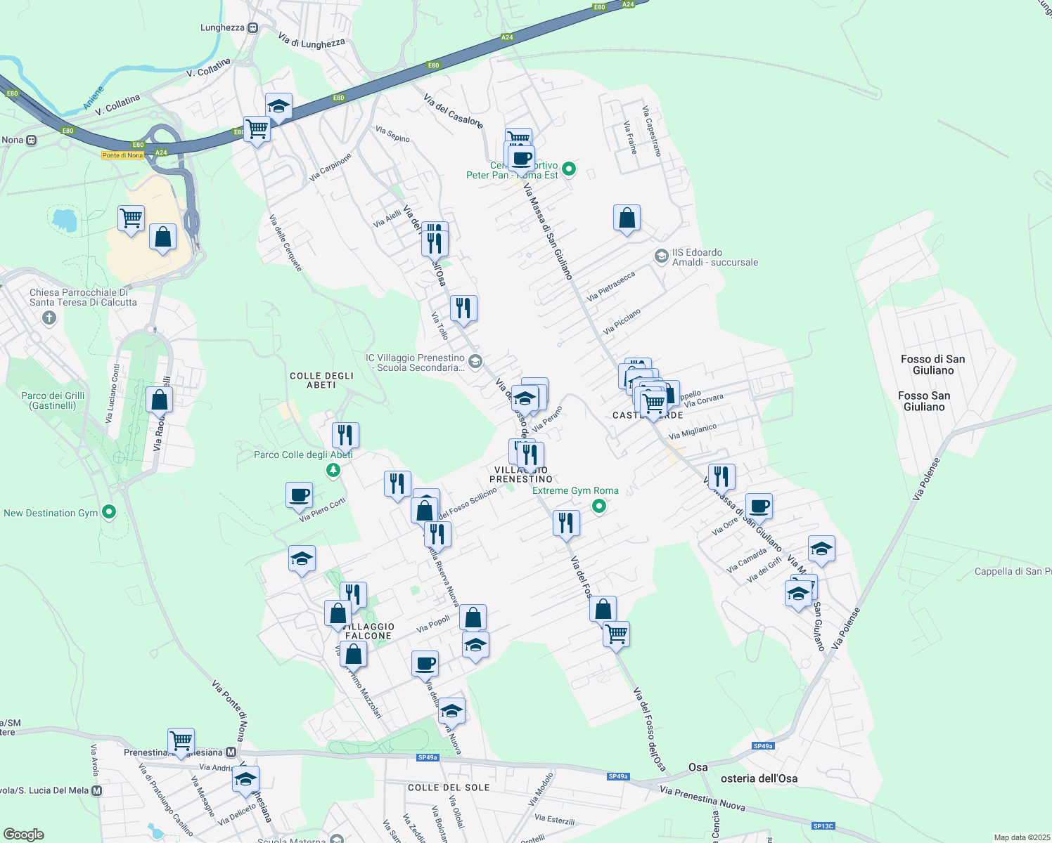 map of restaurants, bars, coffee shops, grocery stores, and more near Via del Fosso Mariano in Grottaferrata