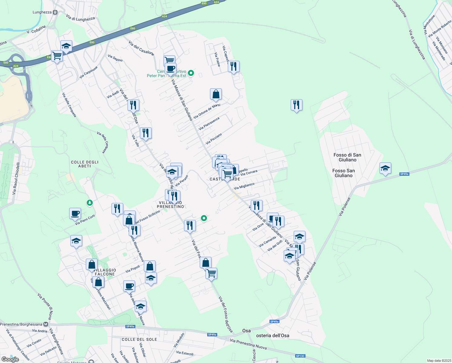 map of restaurants, bars, coffee shops, grocery stores, and more near 264-272 Via Massa di San Giuliano in Roma