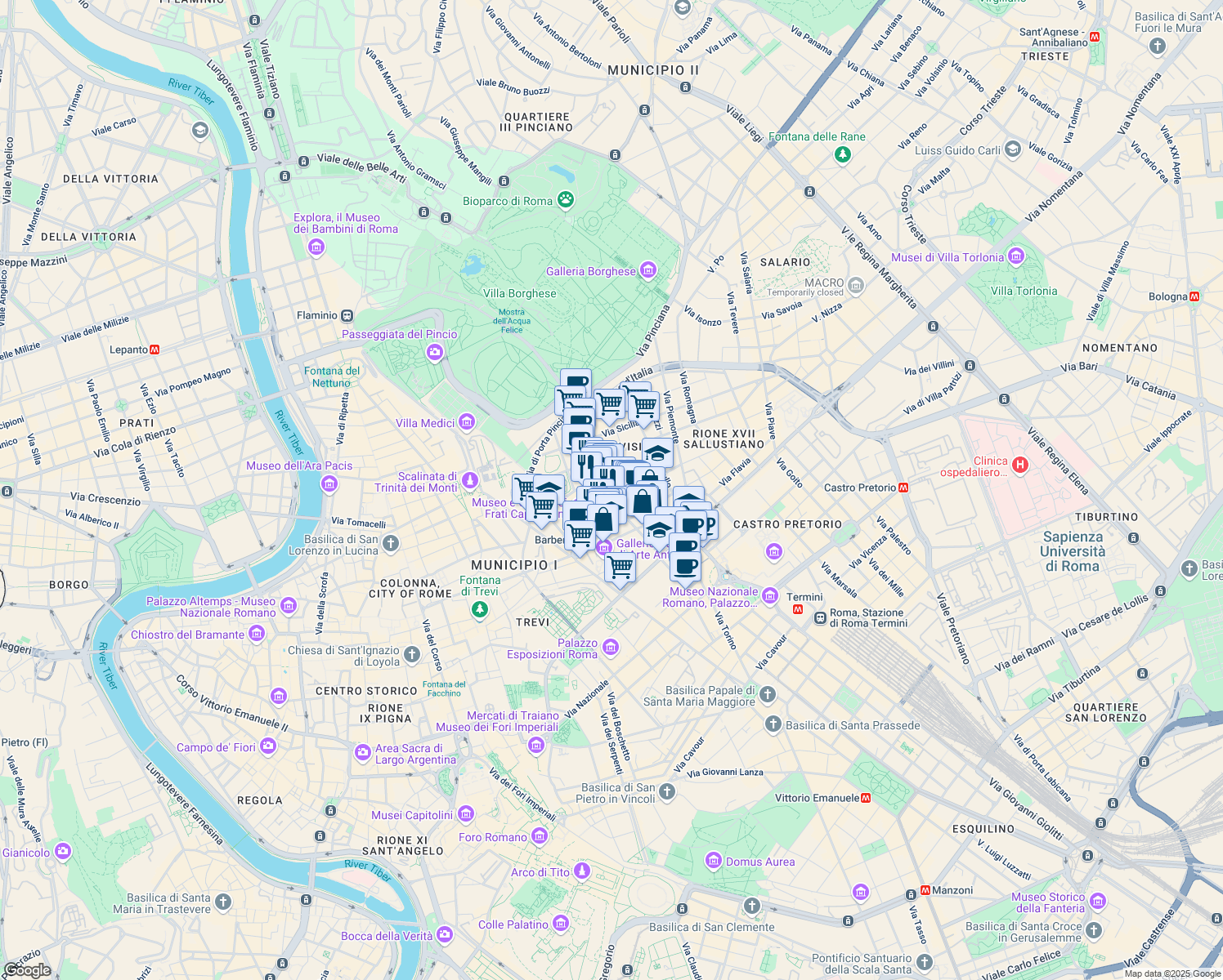 map of restaurants, bars, coffee shops, grocery stores, and more near 119 Via Vittorio Veneto in Roma