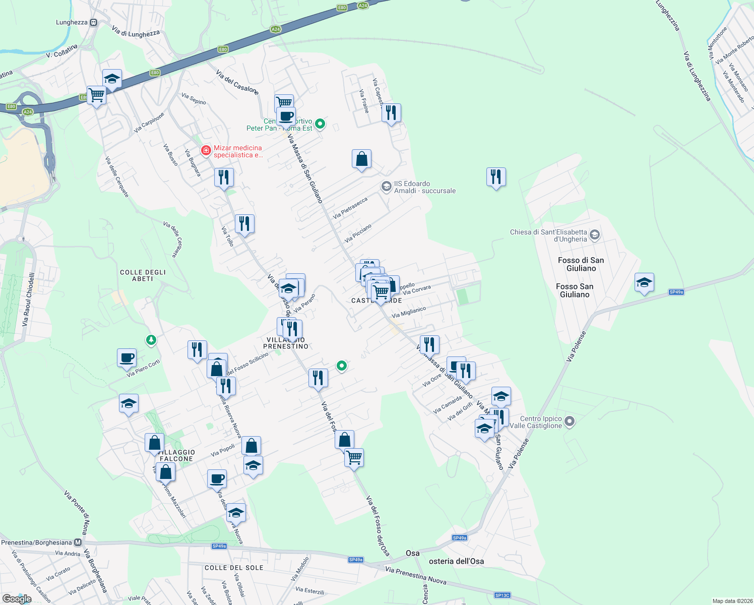 map of restaurants, bars, coffee shops, grocery stores, and more near 264-272 Via Massa di San Giuliano in Roma