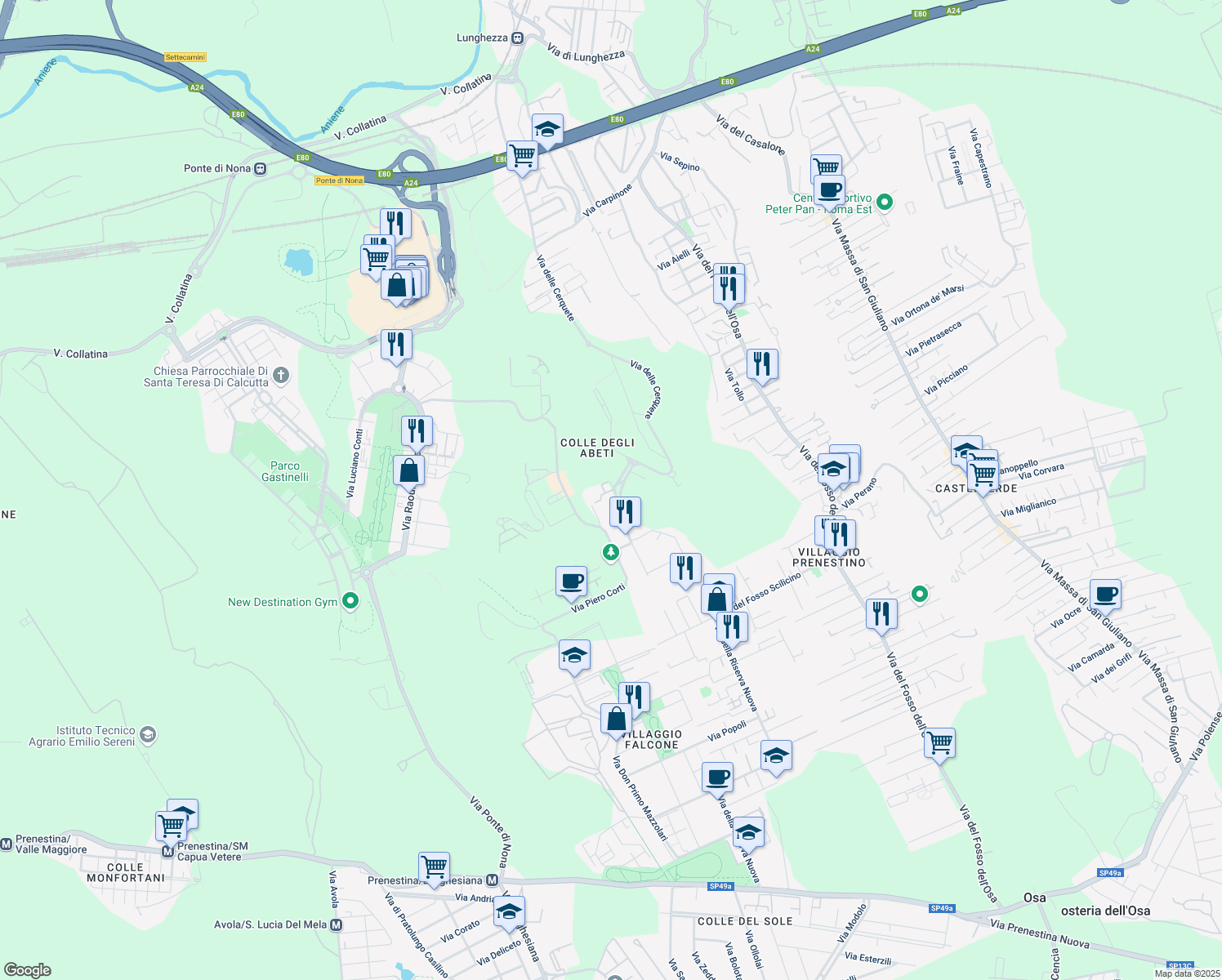 map of restaurants, bars, coffee shops, grocery stores, and more near 93-119 Via Raffaello Liberti in Rome