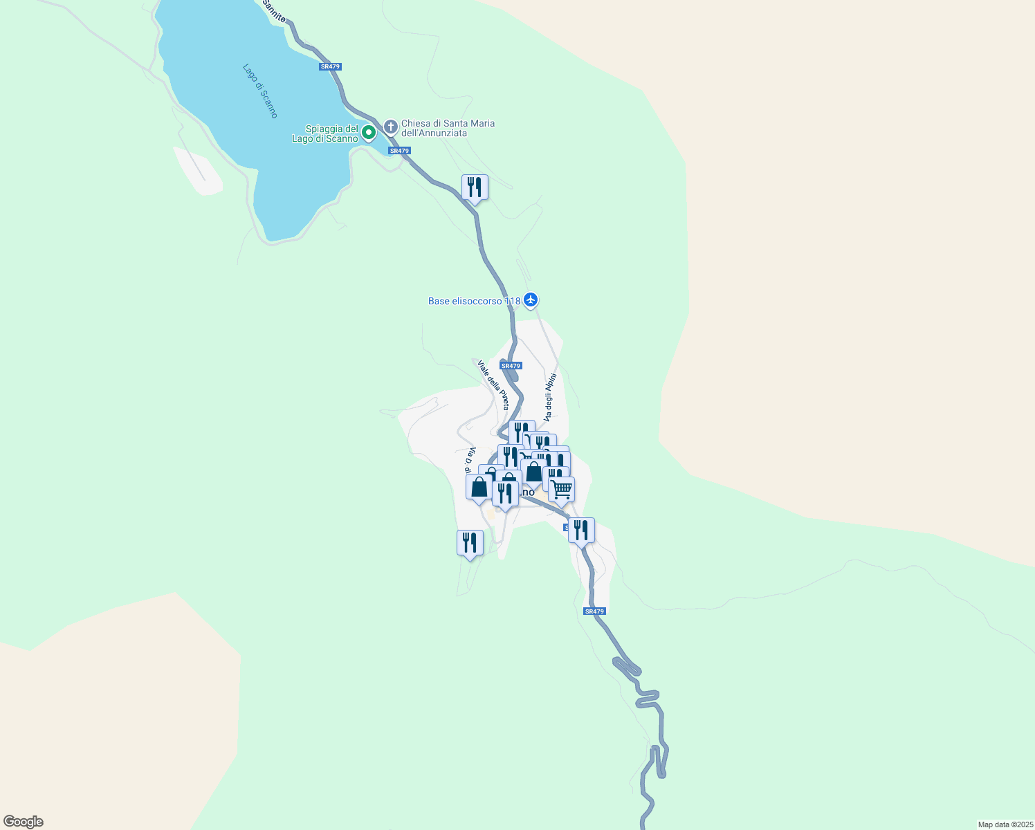 map of restaurants, bars, coffee shops, grocery stores, and more near 189 Via degli Alpini in Scanno