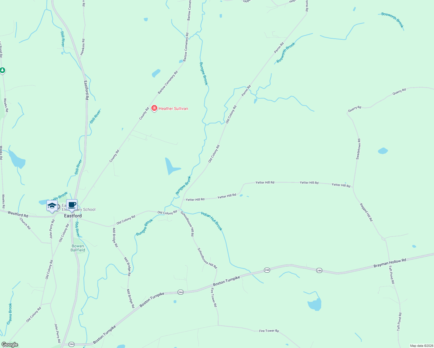 map of restaurants, bars, coffee shops, grocery stores, and more near 420 Old Colony Road in Eastford