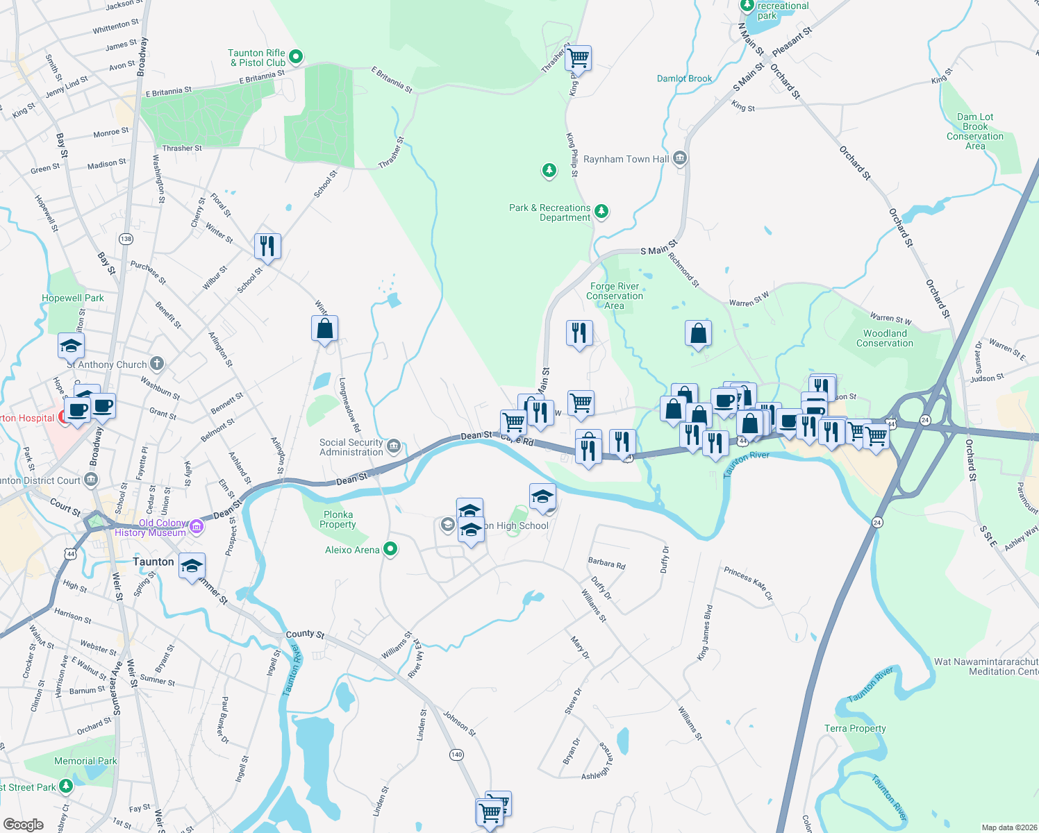 map of restaurants, bars, coffee shops, grocery stores, and more near 174 Dean Street in Taunton