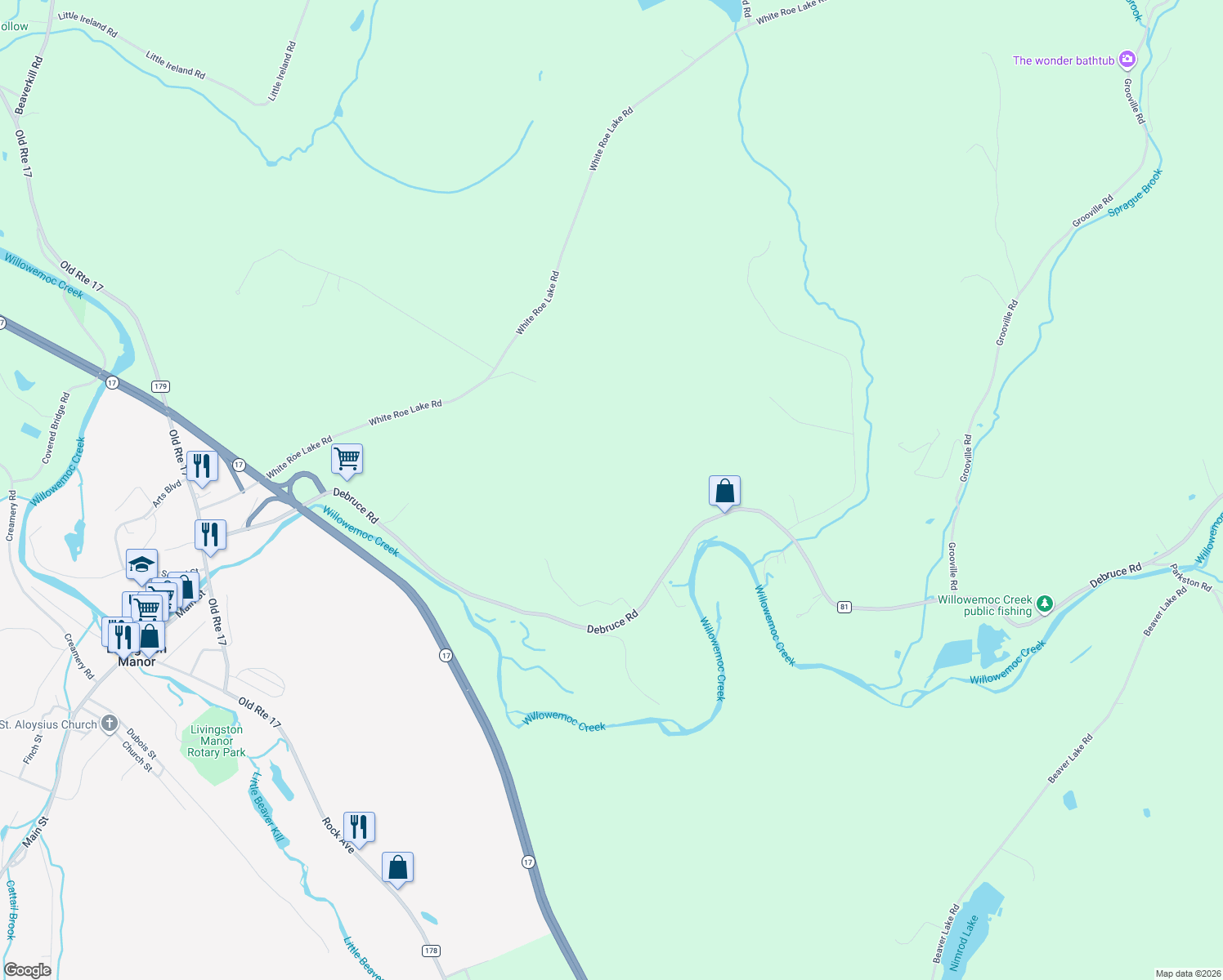 map of restaurants, bars, coffee shops, grocery stores, and more near 213 Debruce Road in Livingston Manor
