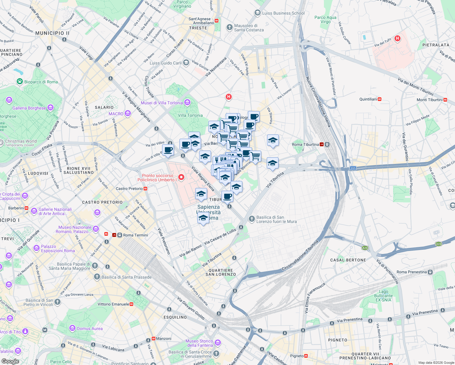map of restaurants, bars, coffee shops, grocery stores, and more near 130 Viale Ippocrate in Rome