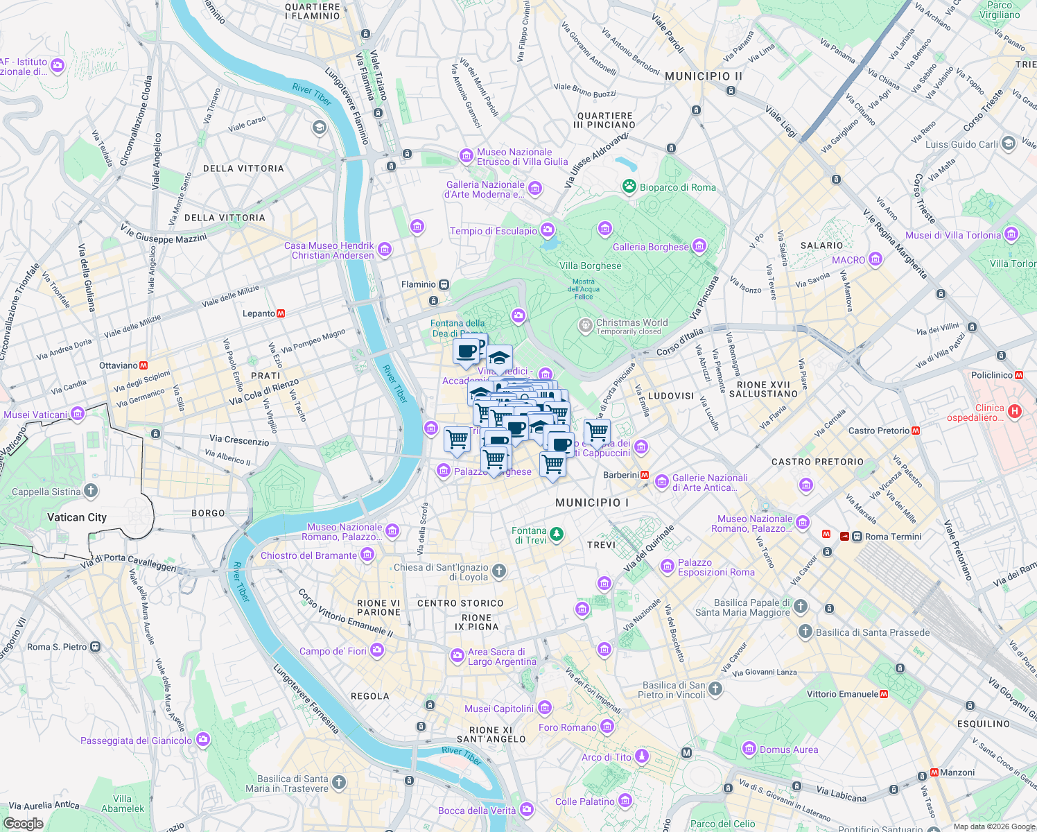 map of restaurants, bars, coffee shops, grocery stores, and more near 100 Via del Babuino in Roma