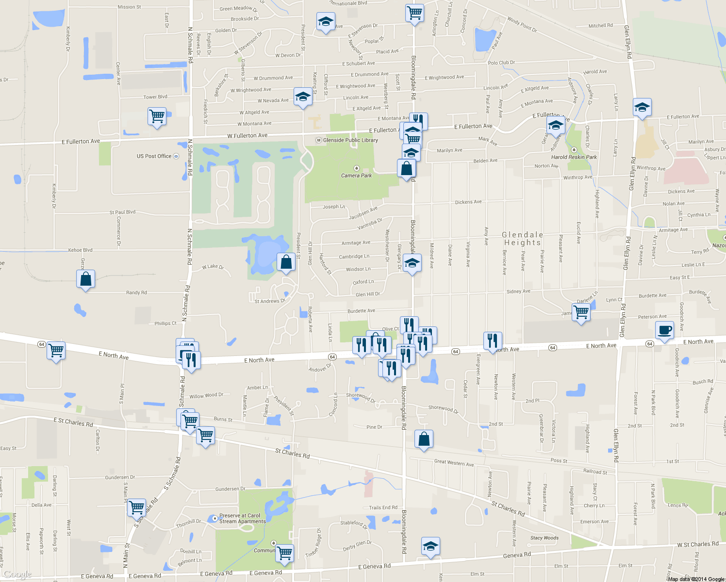 map of restaurants, bars, coffee shops, grocery stores, and more near 110 Glen Hill Dr in Glendale Heights