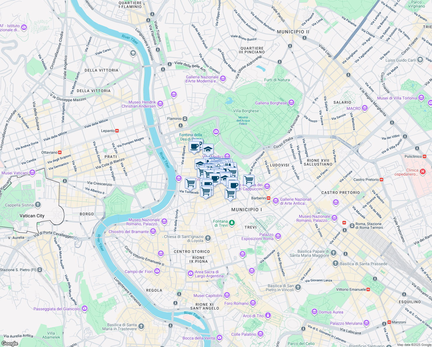 map of restaurants, bars, coffee shops, grocery stores, and more near 100 Via del Babuino in Roma