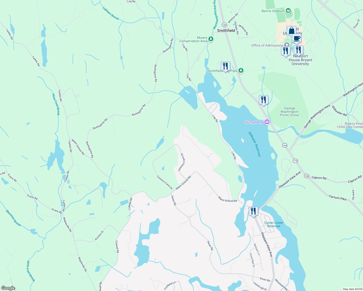 map of restaurants, bars, coffee shops, grocery stores, and more near 42 Connors Farm Drive in Smithfield