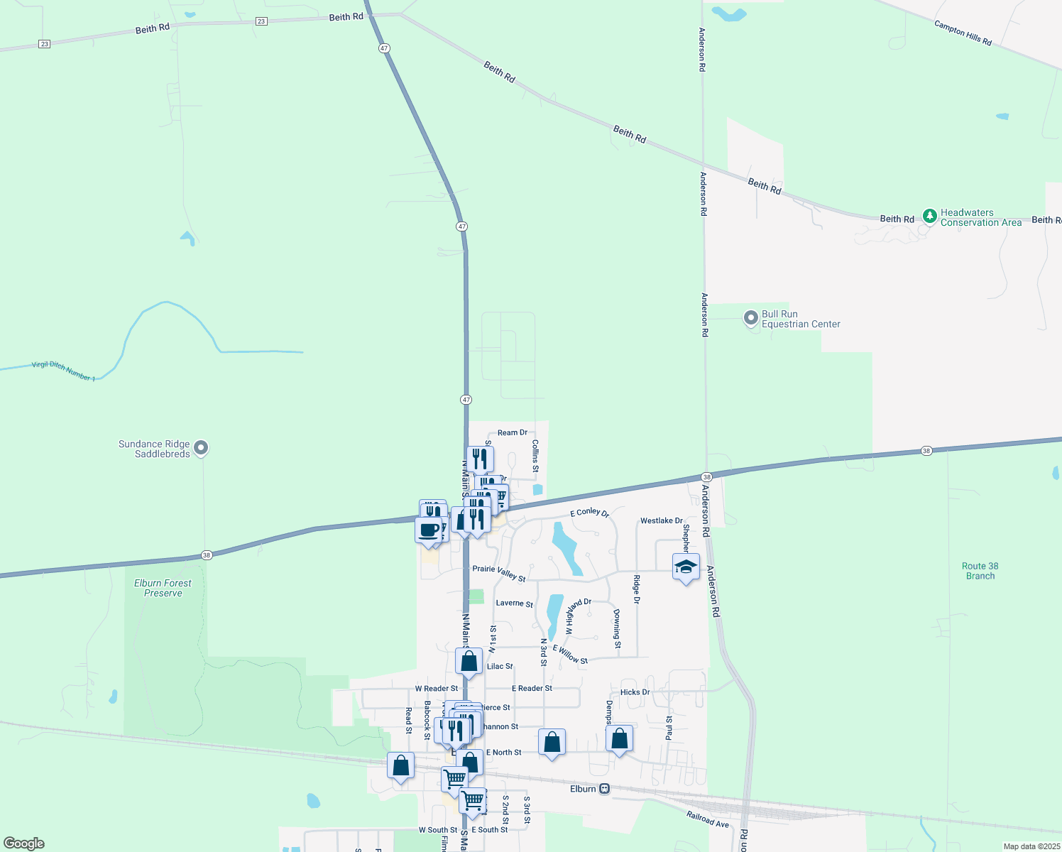 map of restaurants, bars, coffee shops, grocery stores, and more near 288 Ream Drive in Elburn