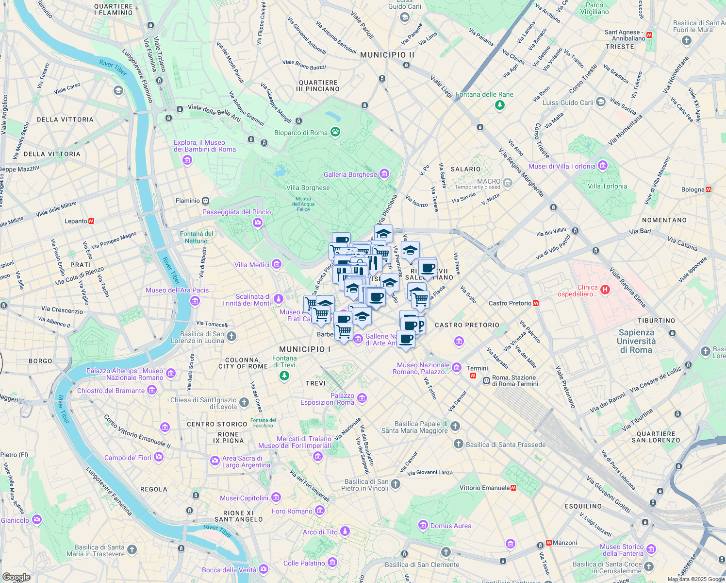 map of restaurants, bars, coffee shops, grocery stores, and more near 119 Via Vittorio Veneto in Roma