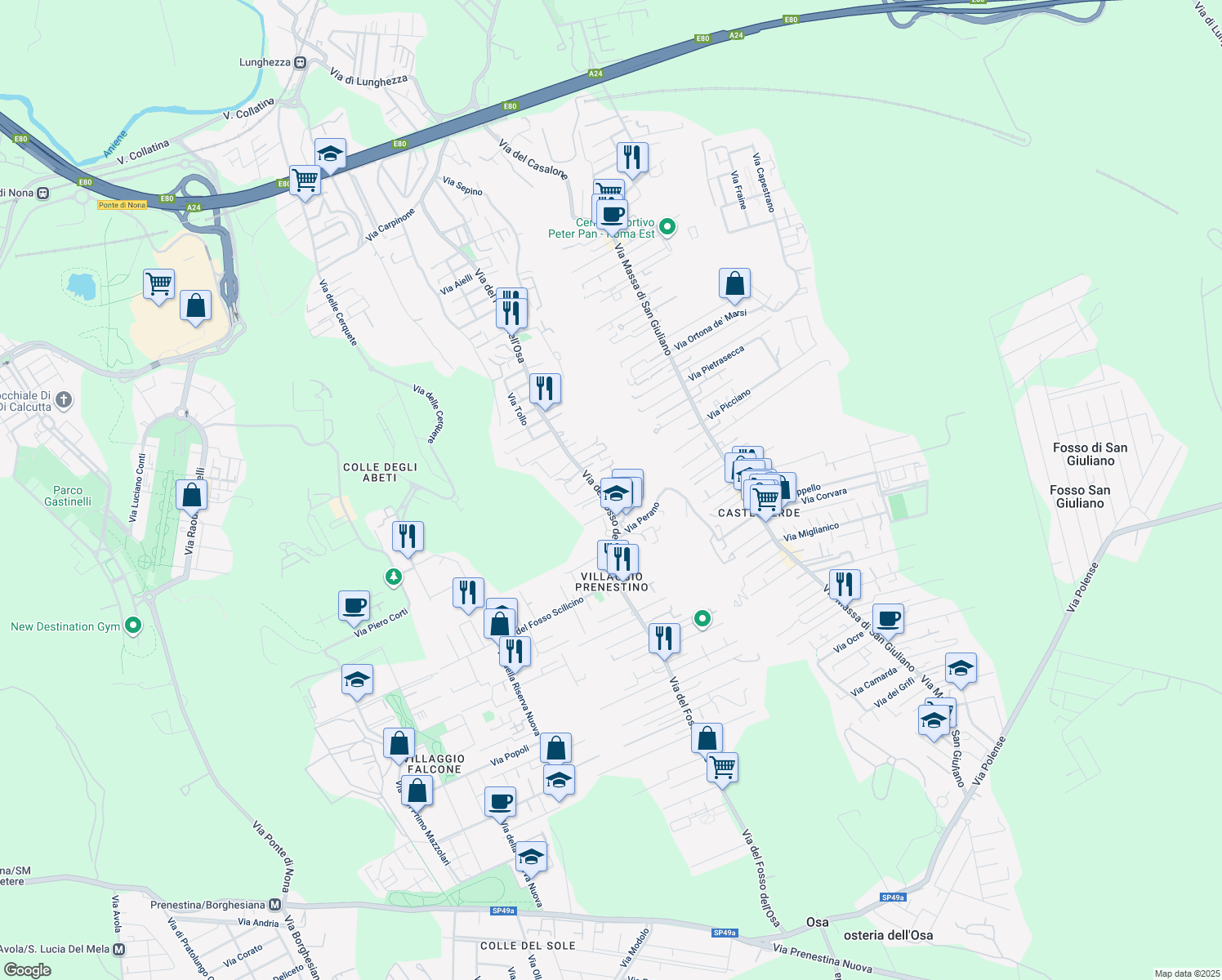map of restaurants, bars, coffee shops, grocery stores, and more near Via Fosso dell'Osa in Rome