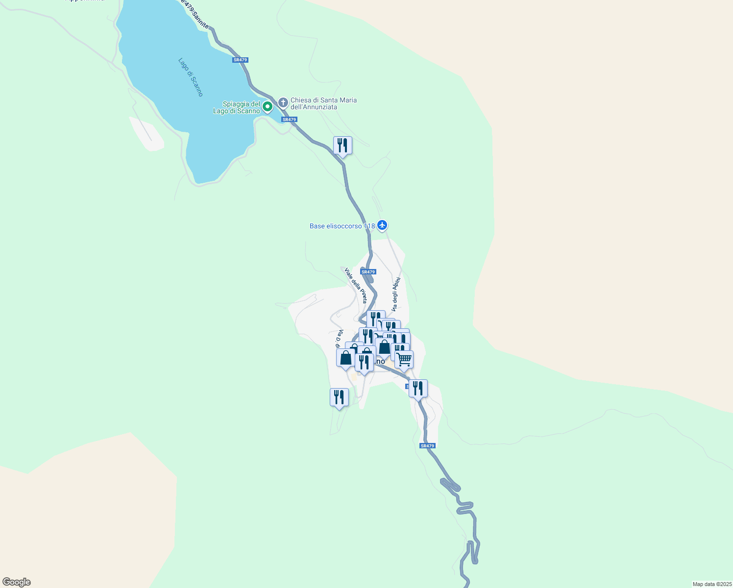 map of restaurants, bars, coffee shops, grocery stores, and more near 189 Via degli Alpini in Scanno