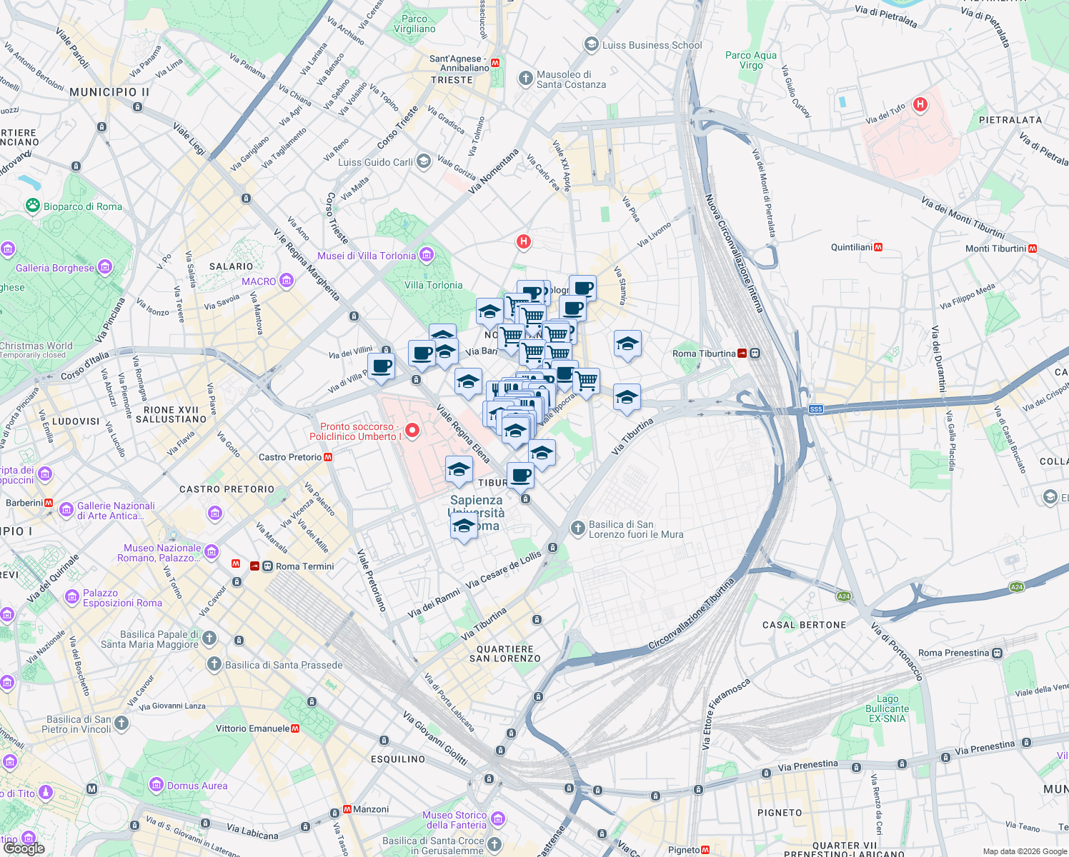 map of restaurants, bars, coffee shops, grocery stores, and more near 130 Viale Ippocrate in Rome