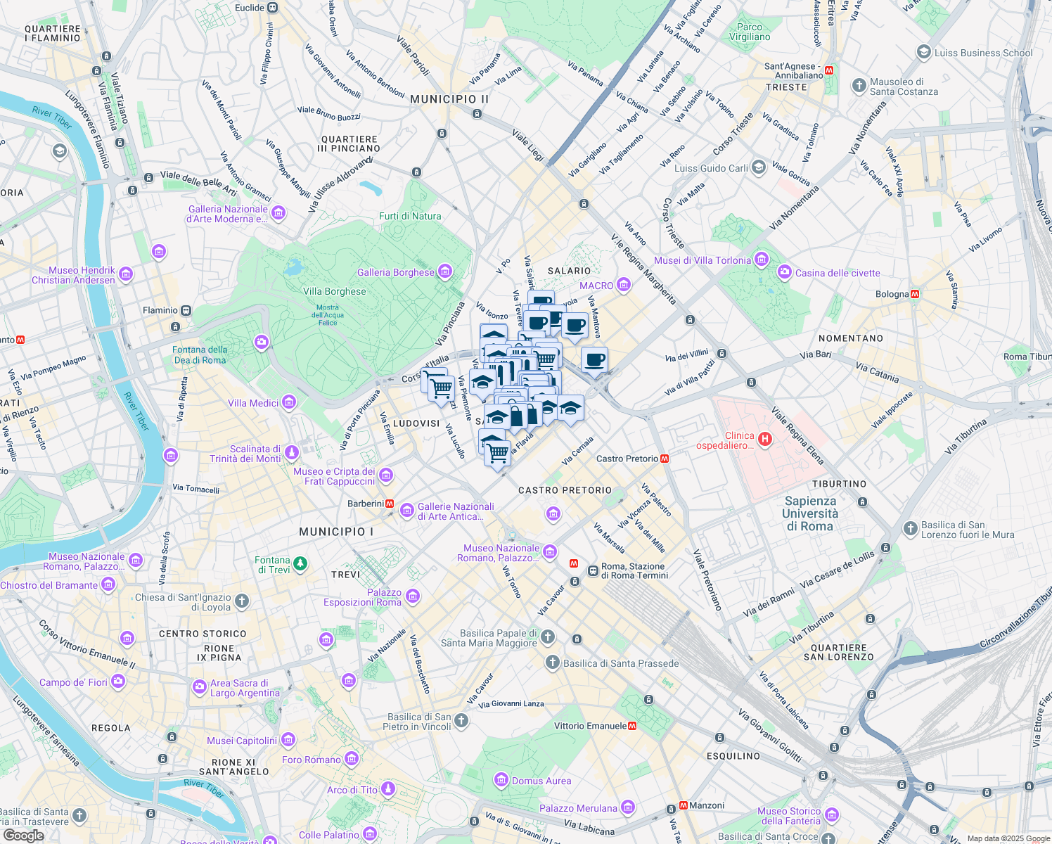 map of restaurants, bars, coffee shops, grocery stores, and more near 21 Piazza Sallustio in Roma