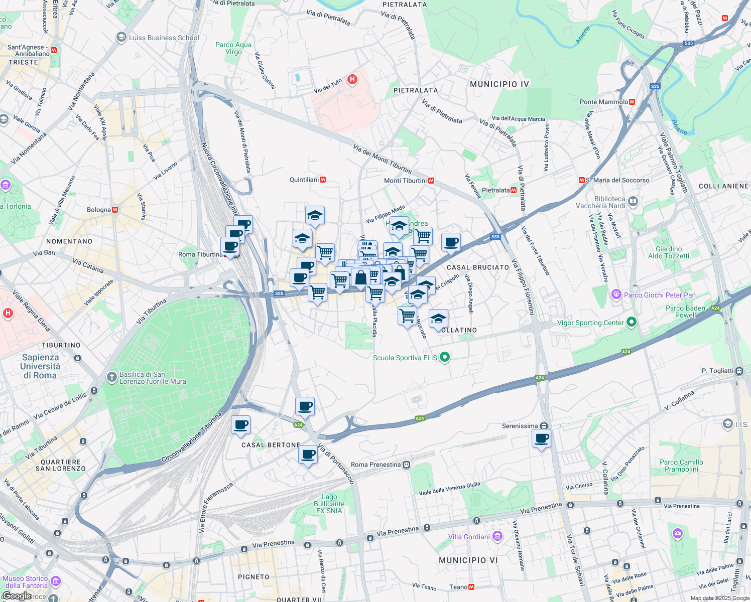 map of restaurants, bars, coffee shops, grocery stores, and more near Via Tiburtina in Rome